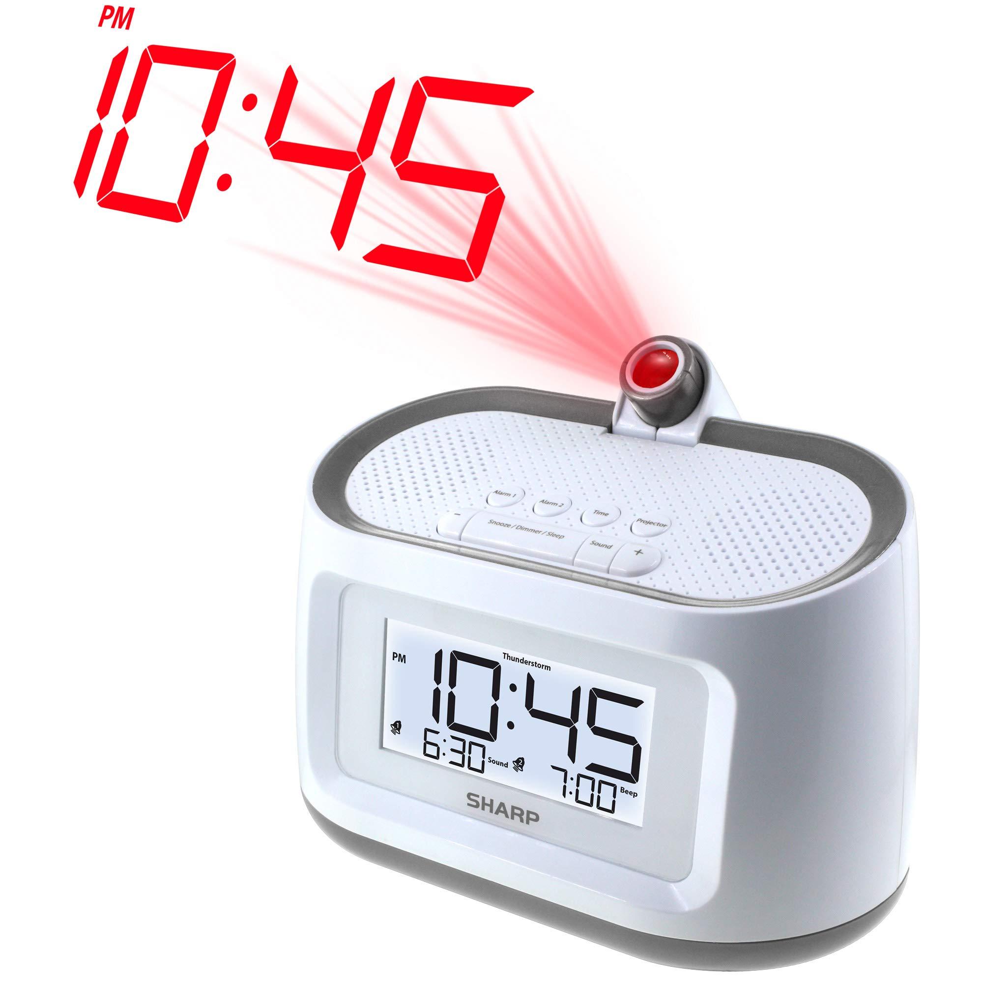 Sharp Sharp Projection Alarm Clock with Soothing Nature Sleep Sounds Easy to Read Projection on Wall or Ceiling 8 Sleep Sounds to Help Fall Asleep Faster, White Case with Gunmetal Trim