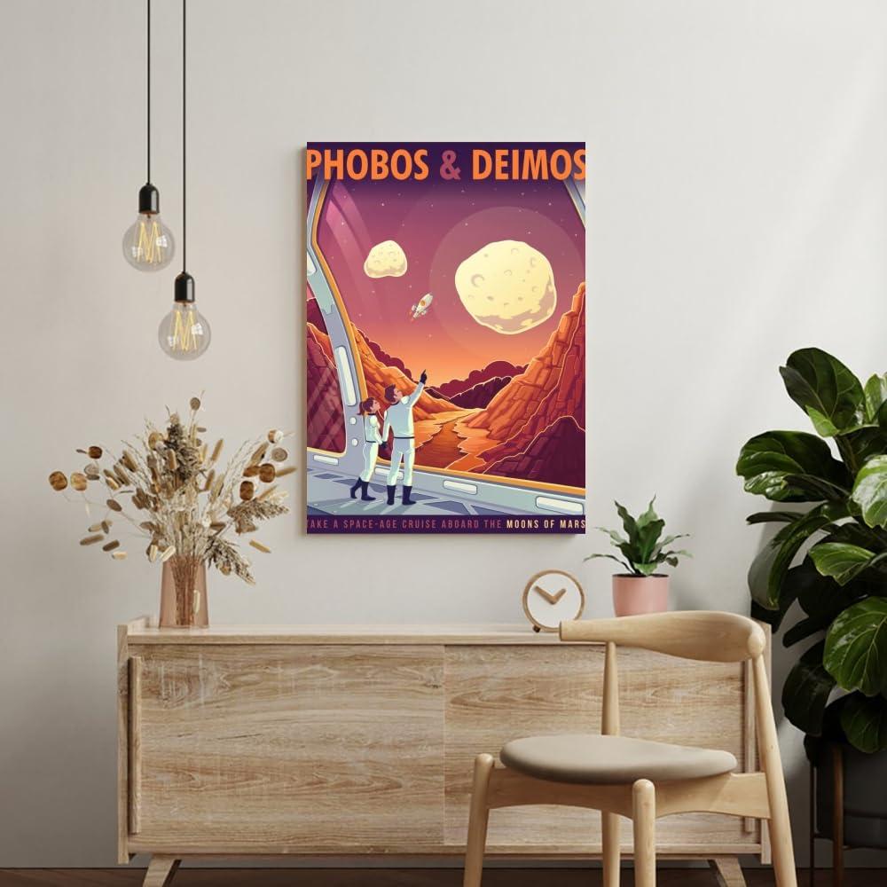 LuminDaze LuminDaze Phobos and Deimos Poster Retro Space Wall Art Outer Space Travel Picture Decoration Exoplanet Galaxy Mars Planet Exploration Art Canvas Print Retro Futuristic 20x30inch Unframed, style-14