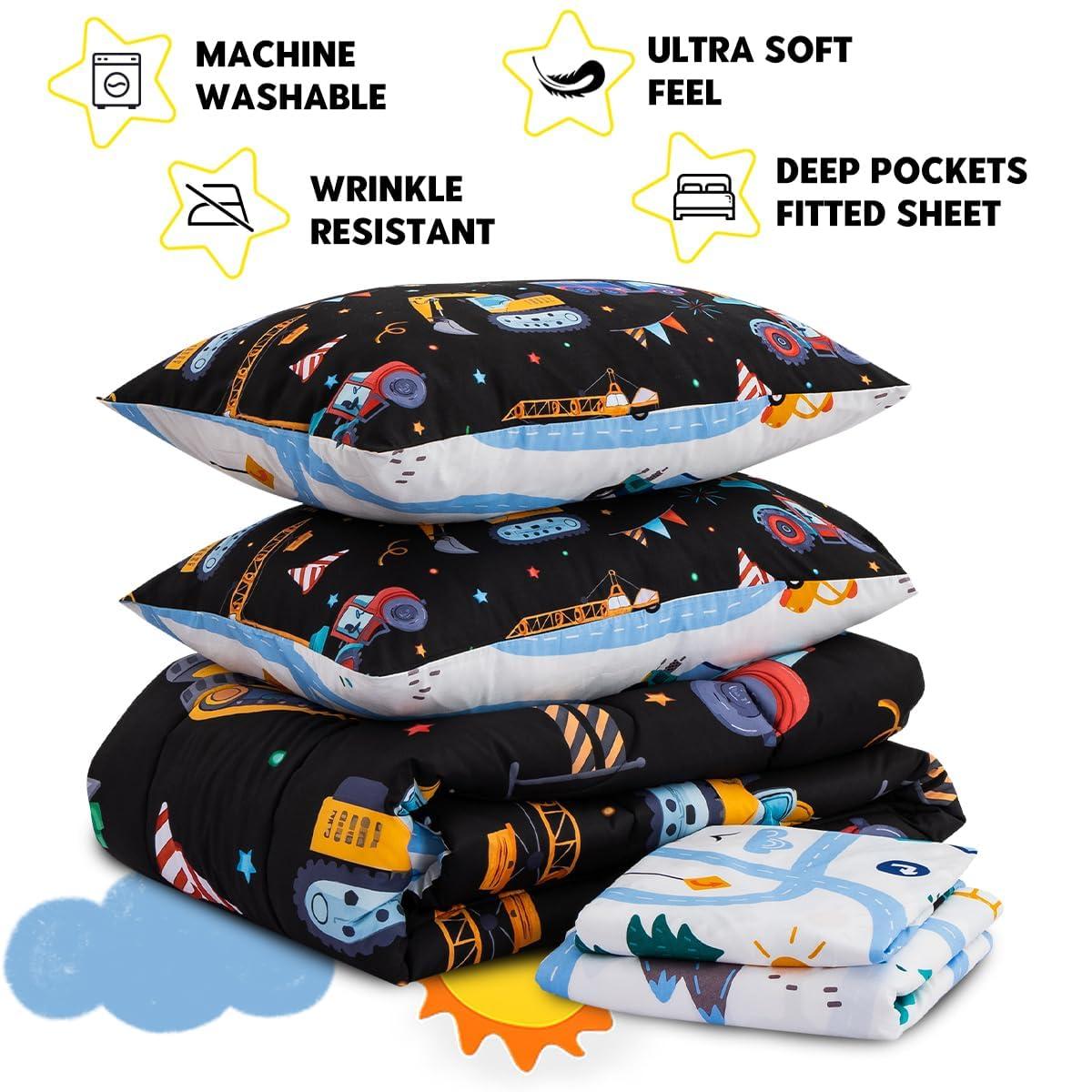 Holawakaka Holawakaka Trucks Tractors Cars Boy Bedding Comforter Set with Sheets, Full Size Cartoon Construction Car Excavator Print Kids Bed in A Bag 5-Piece, Boys Reversible Dorm Bed Sets (Black Full)