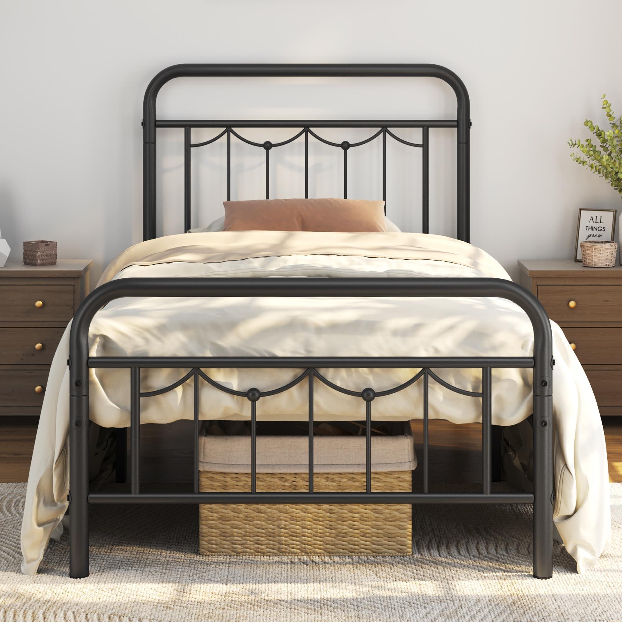 Yaheetech Yaheetech Twin Size Metal Bed Frames with Vintage Headboard and Footboard, Farmhouse Metal Platform Bed, Heavy Duty Steel Slat Support, Ample Under-Bed Storage, No Box Spring Needed, Black