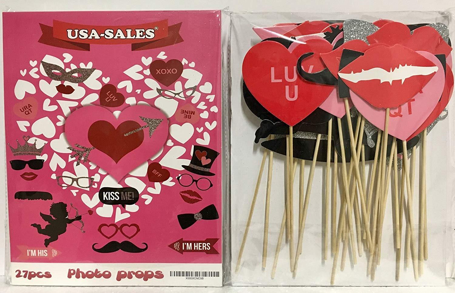 UsaSales [USA-SALES] Valentines Day Photo Booth Props Wedding Photo Props, ATTACHED, NO DIY REQUIRED, Party Decorations Photo Booth Mustaches Lips Hearts Ready 2B Used