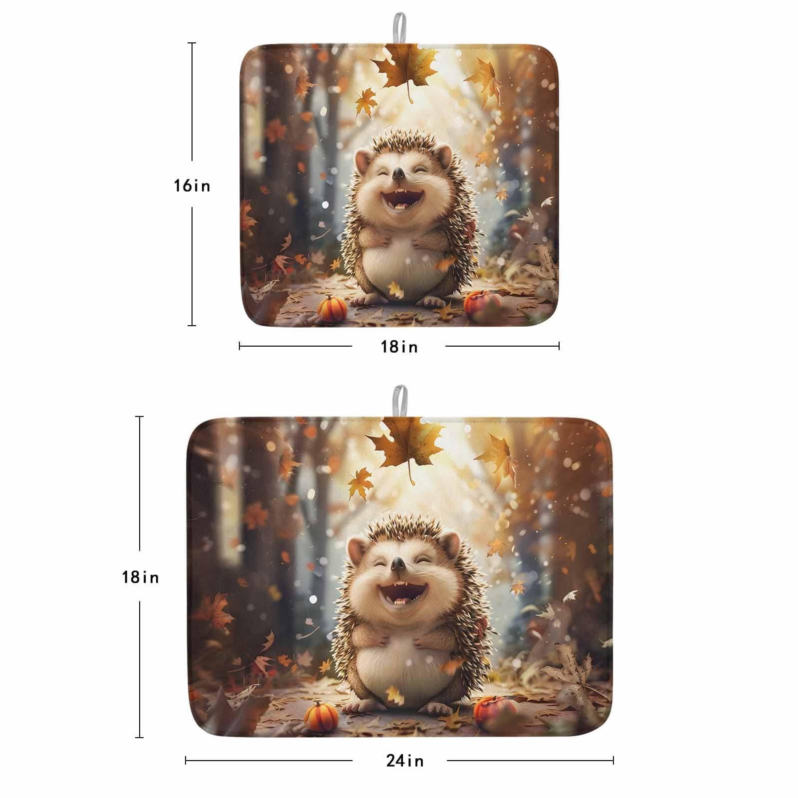 ALAGEO Fall Dish Drying Mat for Kitchen 16x18 Inch Smile Hedgehog Absorbent Reversible Microfiber Dish Drying Pad Dish Rack Drainer Mats Pumpkin Maple Leaves Forest Thanksgiving Kitchen Counter Accessories