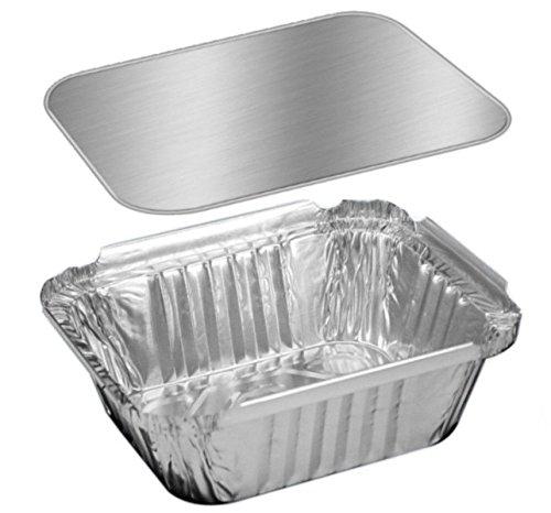 PACTOGO PACTOGO 1 lb. Oblong Deep Aluminum Foil Take-Out Pan with Board Lid Disposable Containers 5.56\" x 4.56\" x 1.62\" (Pack of 50 Sets)