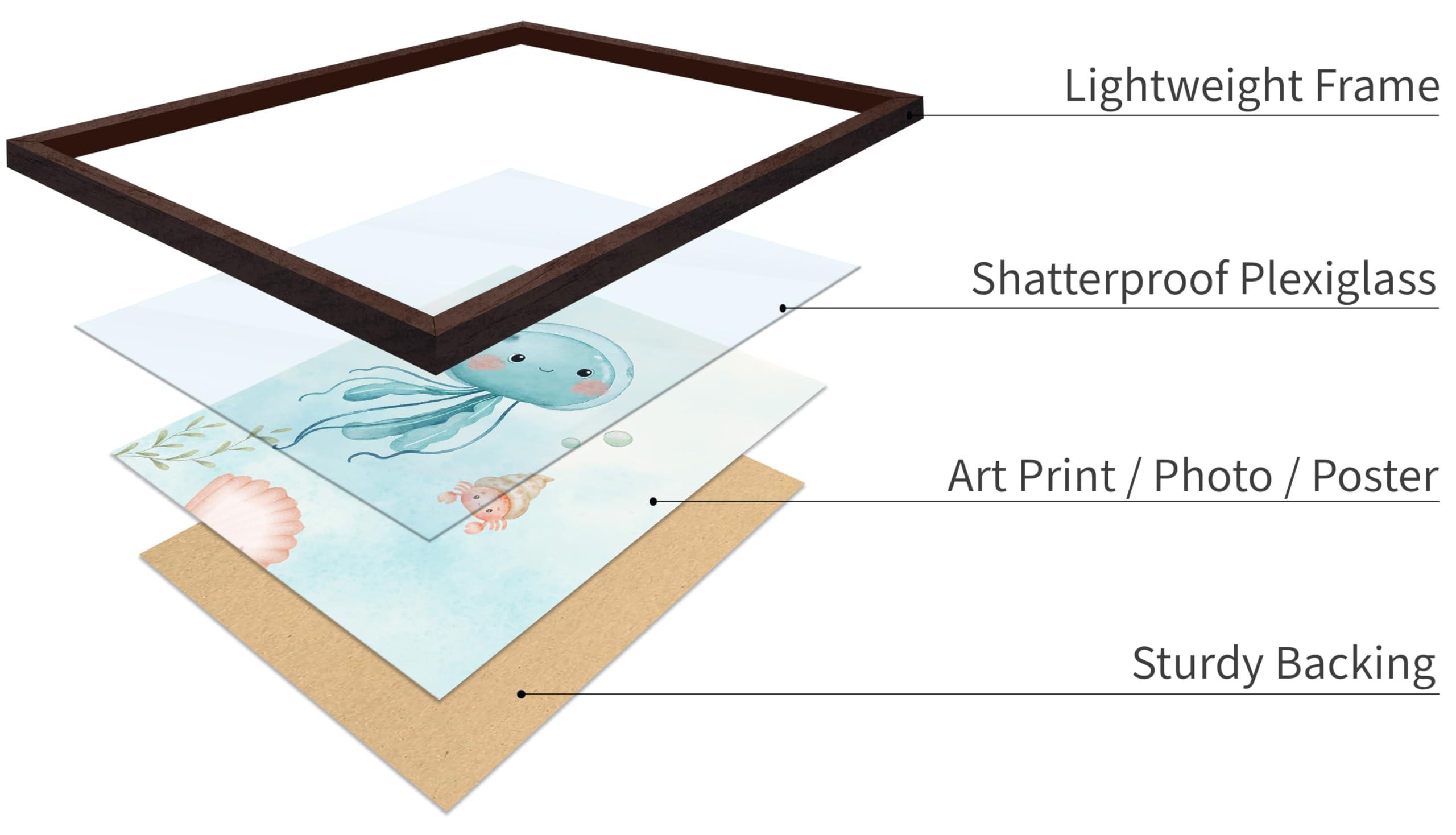 Poster Master Poster Master 6-Piece Sea Animals Poster - Aquatic Print - Pastel Color Art - Marine Life Art - Gift for Boys, Girls & Parents - Decor for Playroom, Kid\'s Room or Nursery, 8x10 Brown Framed