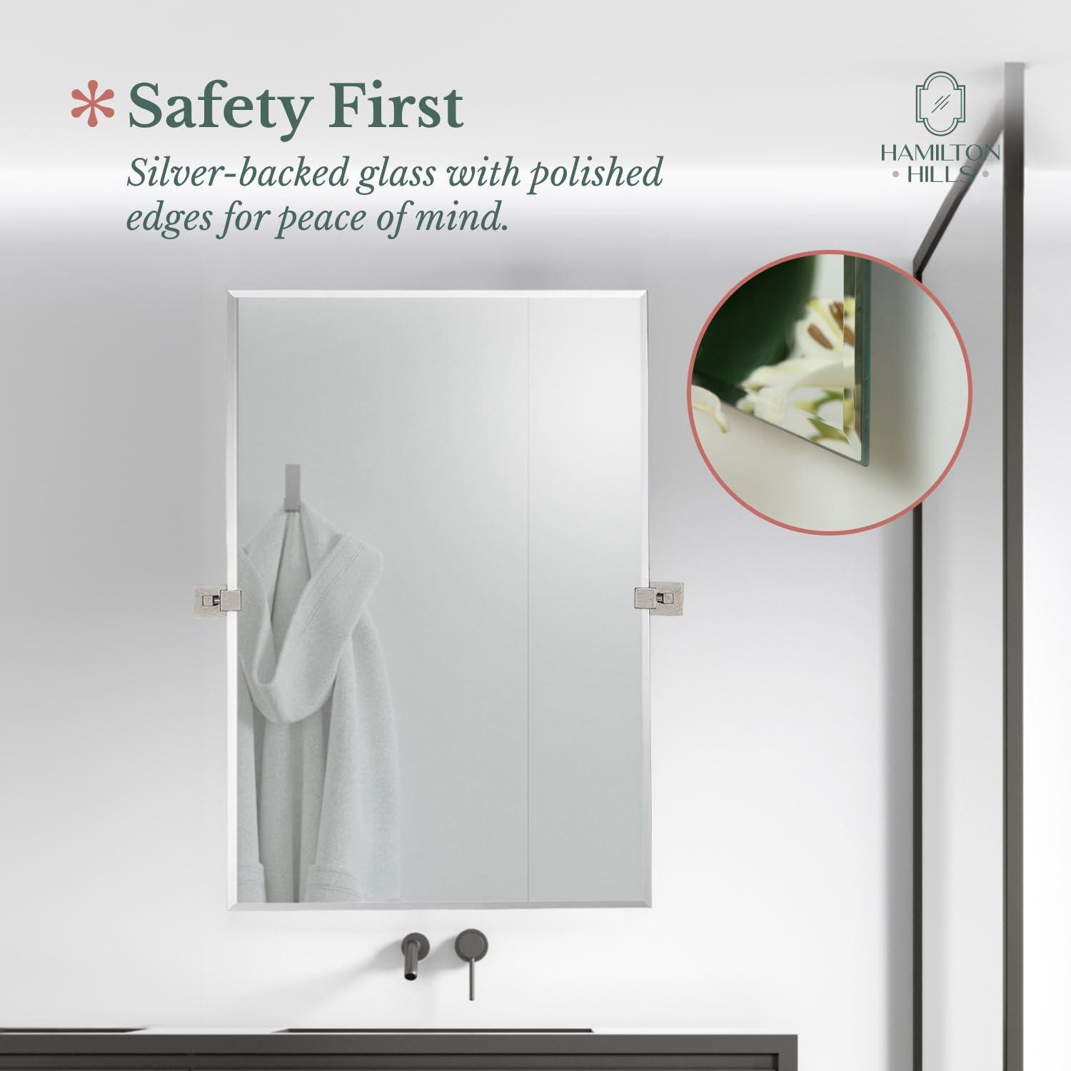 Hamilton Hills Hamilton Hills Large Squared Modern Pivot Rectangle Mirror with Polished Chrome Wall Anchors | Silver Backed Adjustable Moving & Tilting Wall Mirror | 20" x 30" Inches