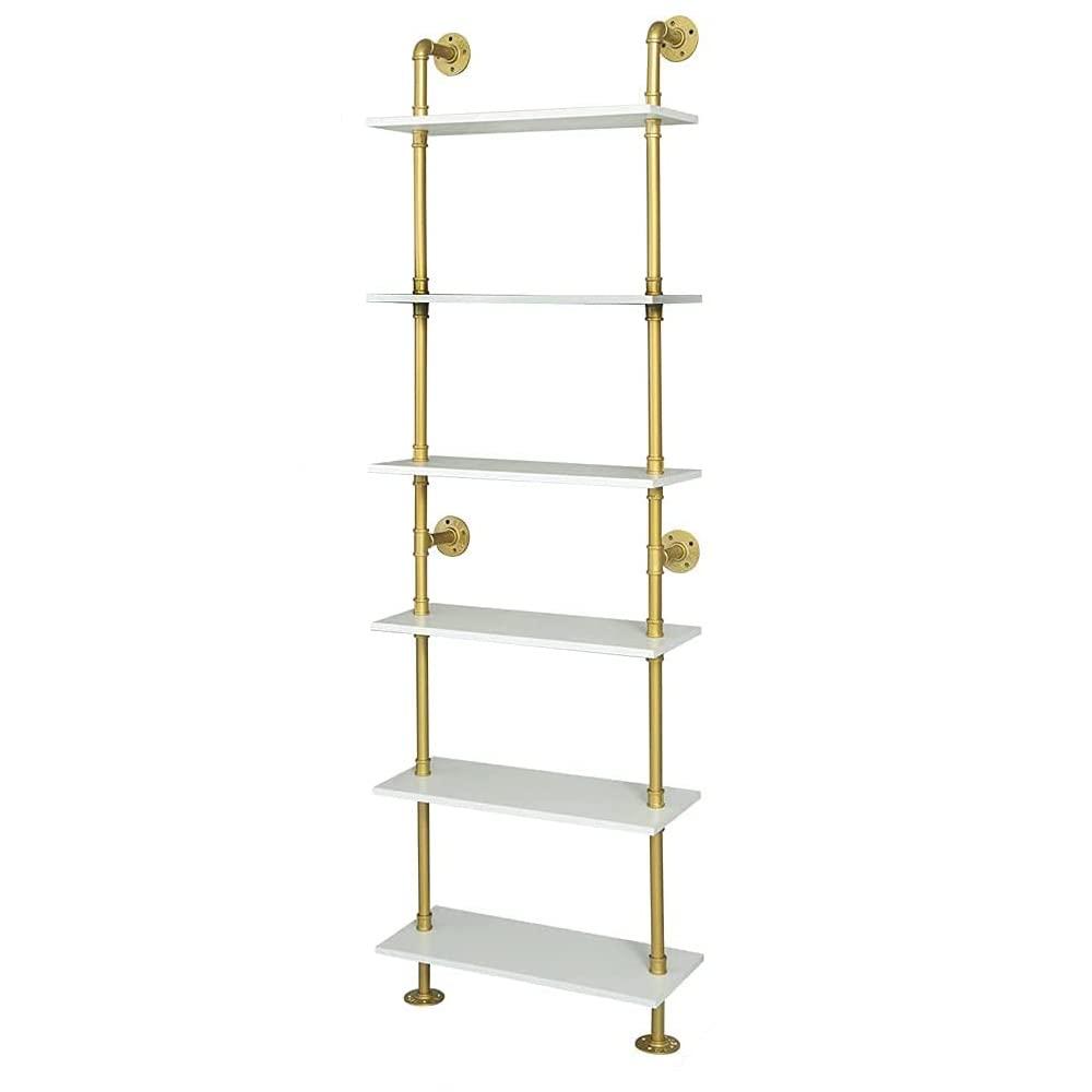 HEONITURE HEONITURE Industrial Gold Bookshelf-6 Tier Wall Mounted Ladder Bookshelf, Rustic Gold Storage Book Shelves Display Bookcases for Living Room/Home/Office