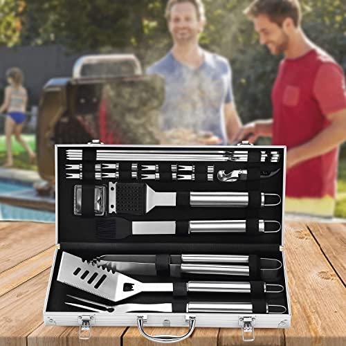 grilljoy grilljoy 20PCS Heavy Duty BBQ Grill Tools Set - Extra Thick Stainless Steel Spatula, Fork& Tongs. Complete Barbecue Accessories Kit in Aluminum Storage Case - Perfect Grill Gifts for Men