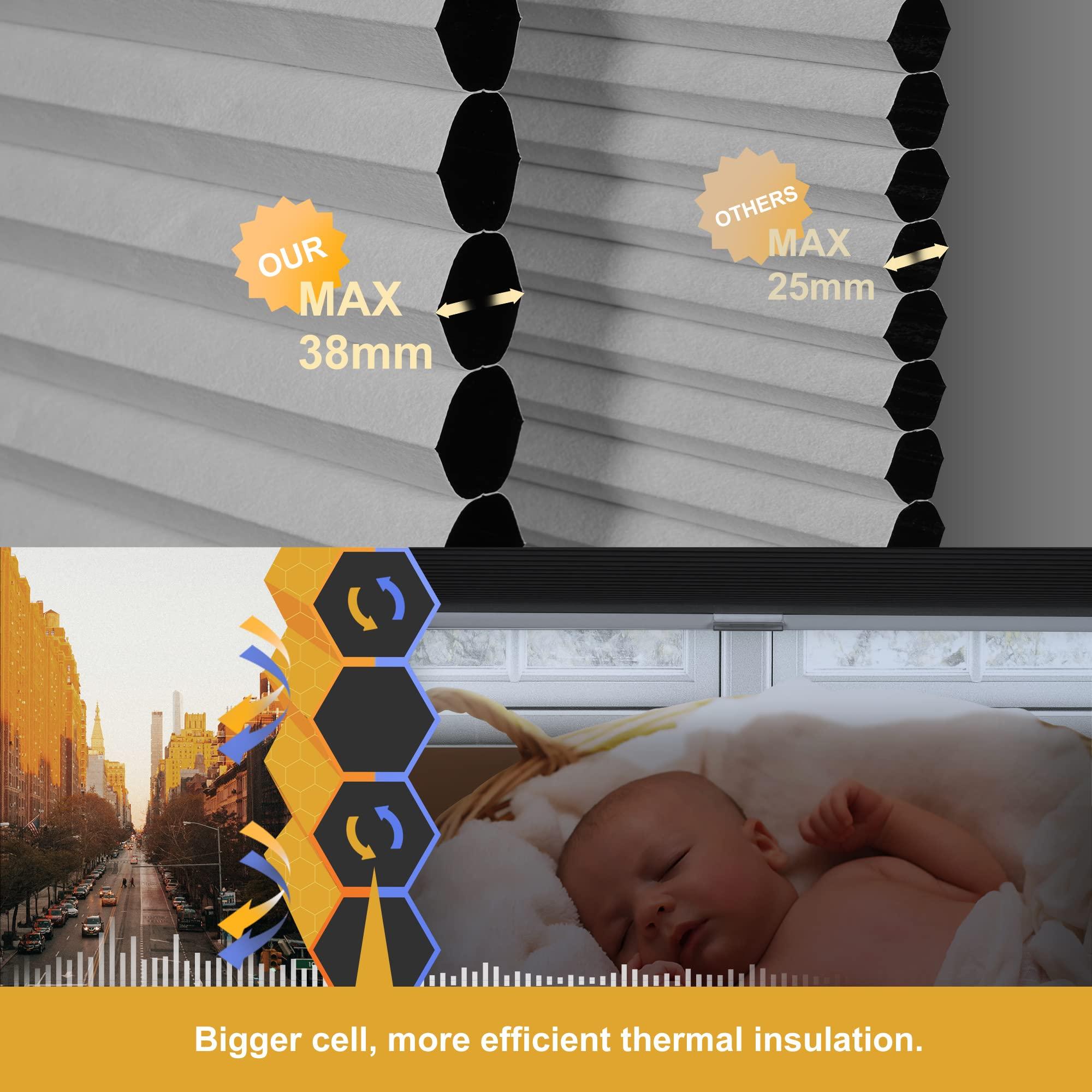 HOTSOON HOTSOON Blackout 1.5" Cell Honeycomb Blinds for Windows Cordless Cellular Shades Hidden Mounting Room Darkening for Home, Office, Black, 60" W x 64" H