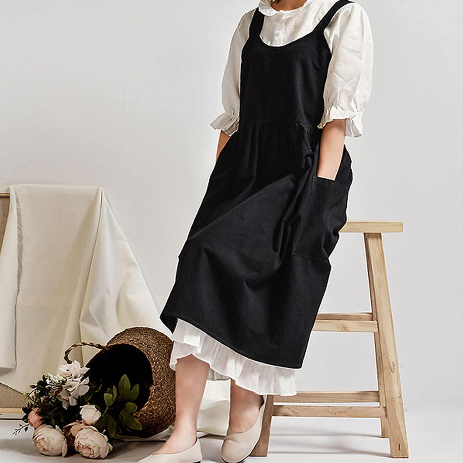 Uaussi Uaussi Cotton Linen Apron Cross Back Work Apron for Women with Pockets Pinafore Dress X Cross Halter Apron for Baking Chef Garden