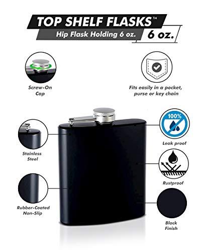TOP SHELF FLASKS Hip Flask Holding 6 oz - Rubber-Coated Non-Slip Pocket Size, Stainless Steel, Rustproof, Screw-On Cap - Black Finish - Black Gift Box Included