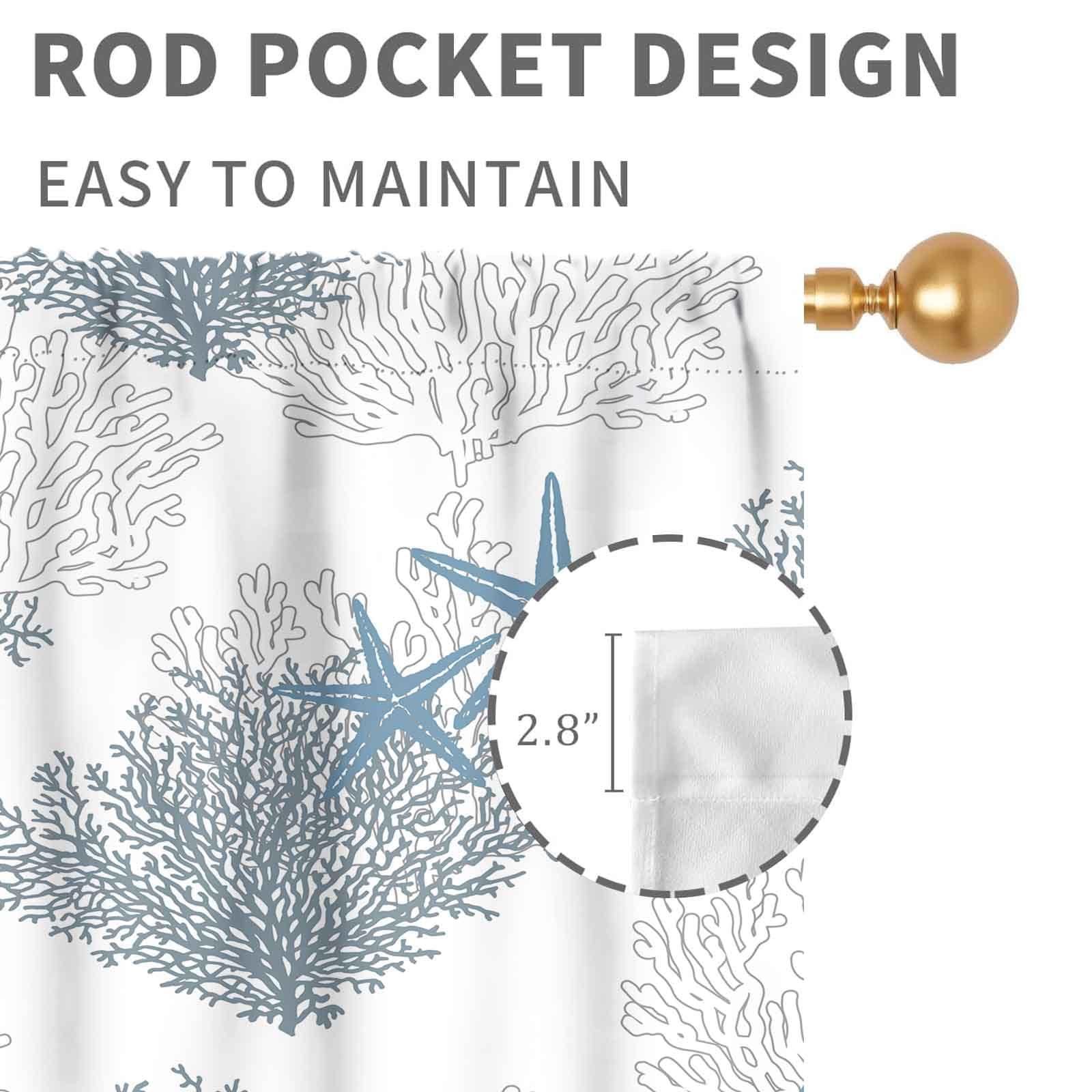 TKUYO Nautcial Starifish Window Curtains, Beach Theme Coastal Seashell Starfish Blue Coral Rod Pocket Drapes for Bedroom Living Room Kids Room Bathroom Kitchen Window Treatments 2 Panel Sets, 63"x63" Inch
