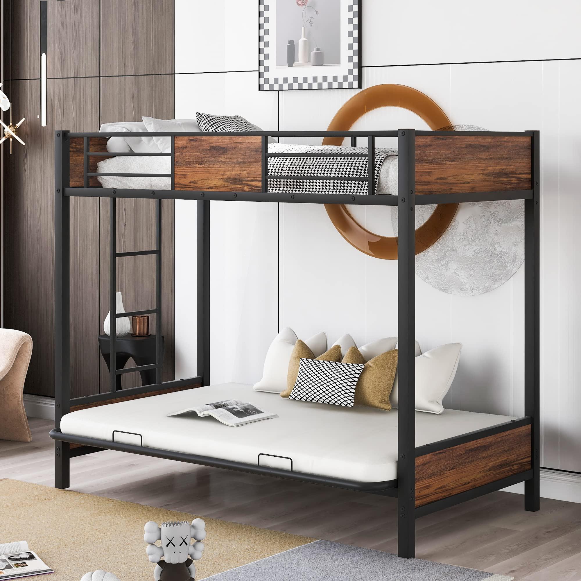 HomeLoft Basics Twin-Over-Futon Bunk Bed, Metal Futon Bunk Bed Frame with Guardrails and Ladder(Black)