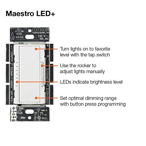 Lutron Lutron Maestro LED+ Dimmer Switch Kit for Dimmable LED, Halogen and Incandescent Bulbs, 150W/3-Way or Multi-Location, MACL-153M-RHW-WH, White