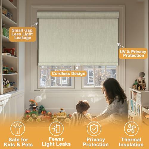 Doing-X DOING-X Blackout Roller Shades for Windows Cordless Roller Blinds Custom Size Room Darkening Shades with Cassette Valance Thermal Insulated Linen Fabric Pull Down Window Shades(39.5" W x 44" H) Green