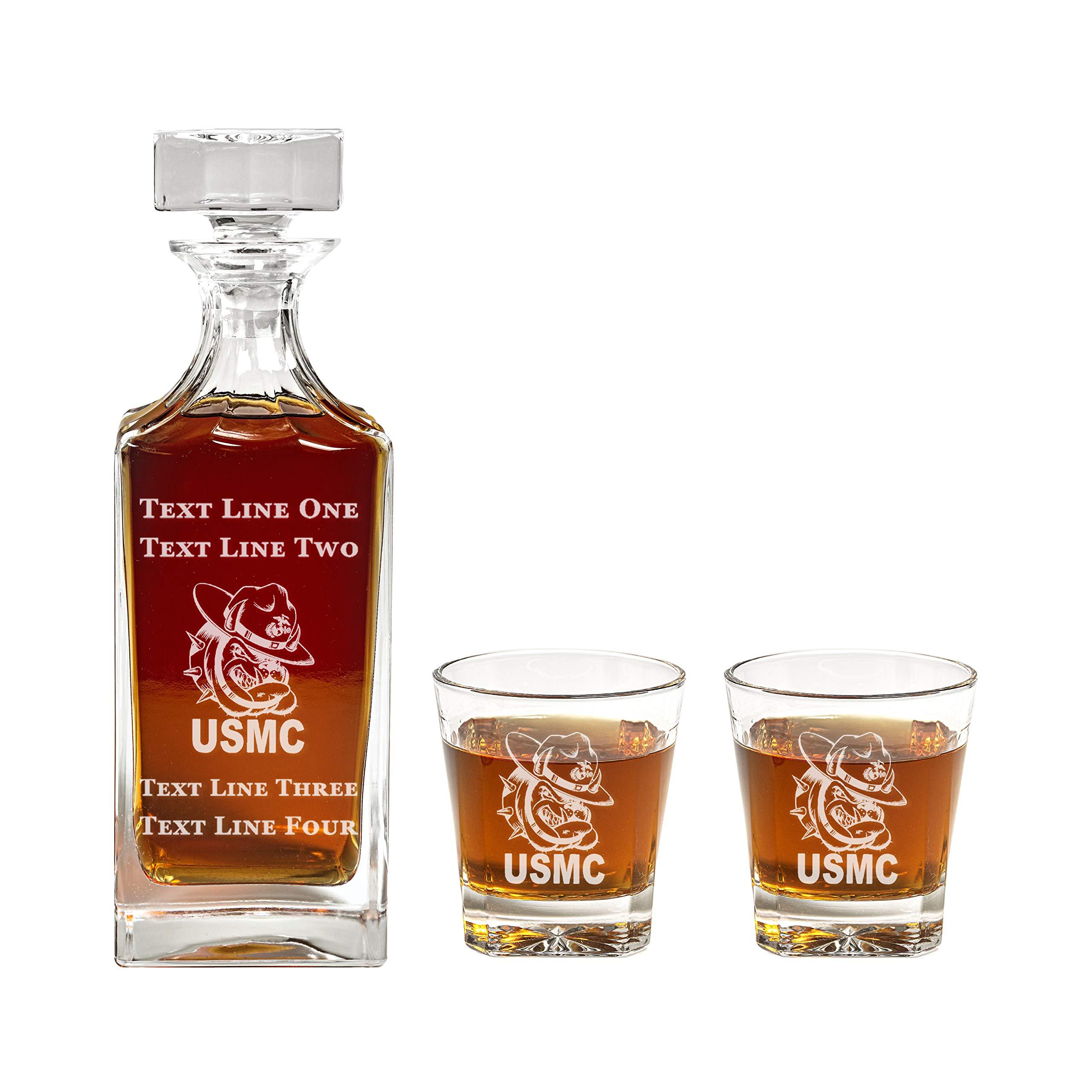 Prestige Decanters US Marine Corps Decanter Set - 900ml Engraved Decanter w/USMC Bulldog - Retirement Gift, Gift for Promotion, Unique Gift - Military Present - USMC Gifts for Men and Women