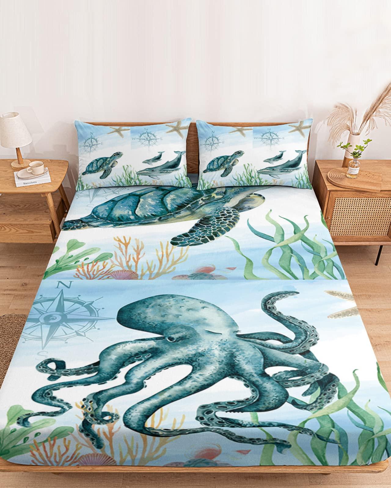 Chucoco Cal King Fitted Sheet Deep Pocket,Ocean Marine Life Turtle Octopus Compass Soft Microfiber Brushed Bed Sheet & Pillowcase Set,Seahorse Starfish Nautical Hotel Fitted Bottom Sheets All Around Elastic