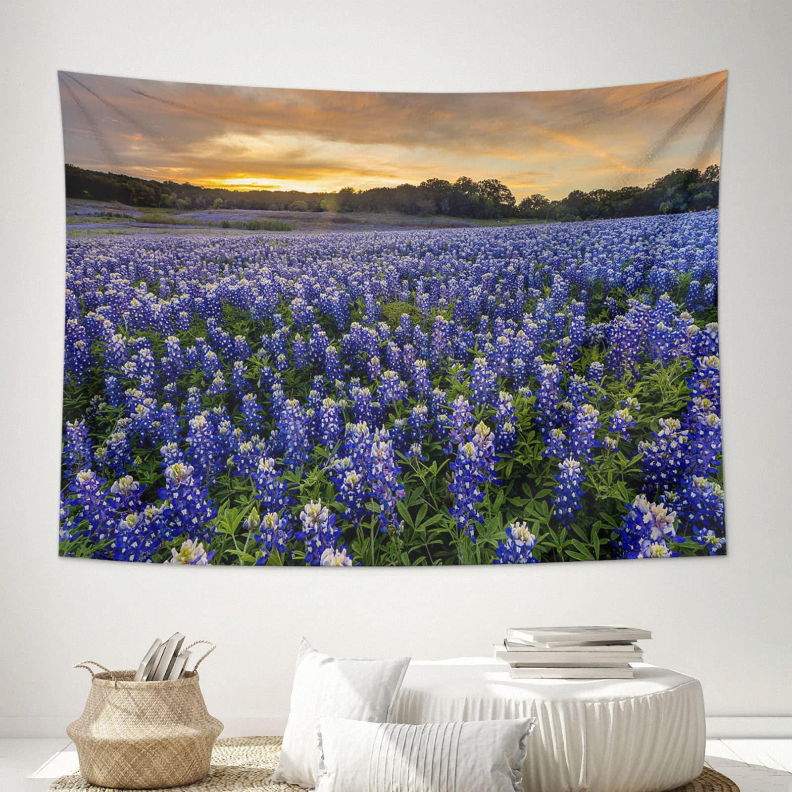 Runva Sunset Tapestry Wall Hanging Funny Tapestries Beautiful Bluebonnets Field At Sunset Near Austin Texas Wall Tapestry Living Room Dorm Decor Tapestry For Bedroom Aesthetic 6040 In