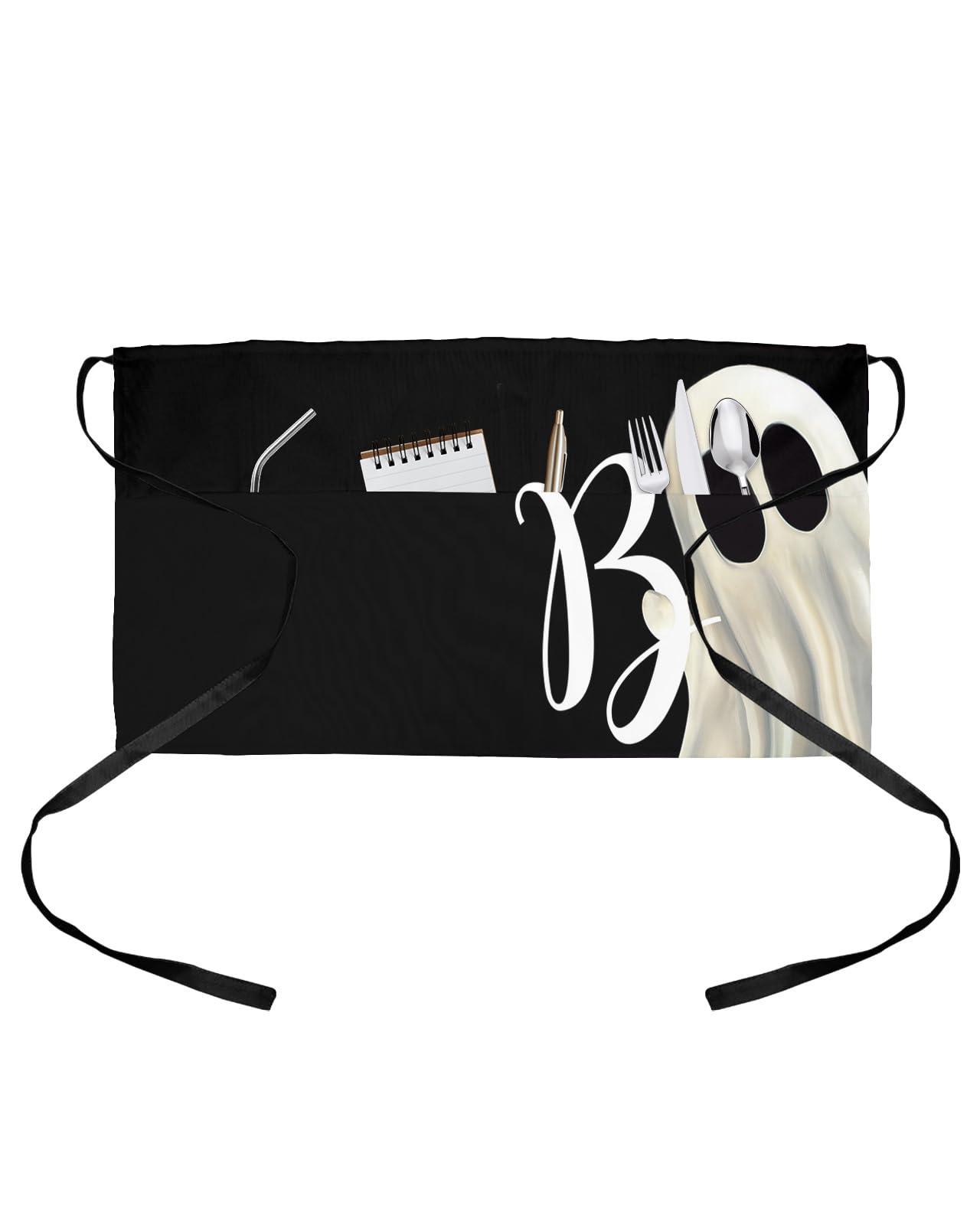 Anzona Halloween Server Aprons with 3 Pockets, White Boo Ghost Classic Black Waist Aprons for Women Men, Waitress Waiter Half Apron for Kitchen Chef Cooking