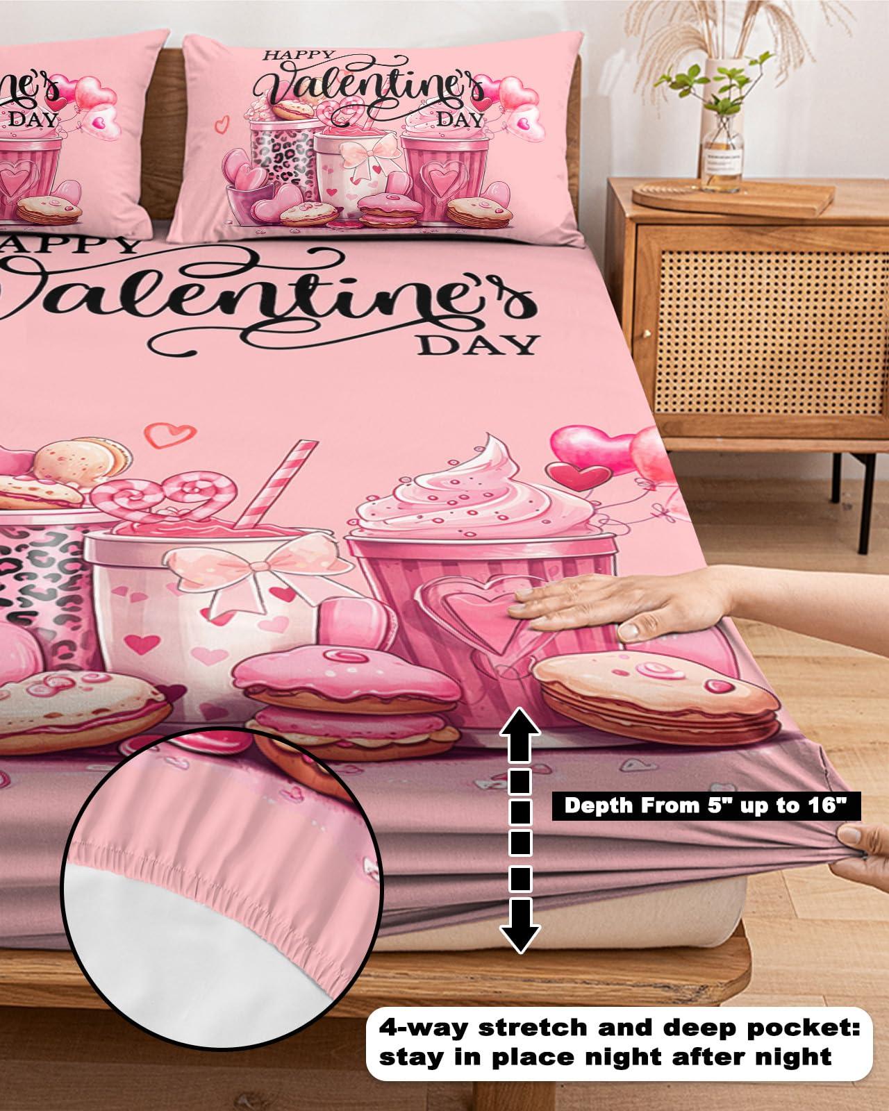 ZFUNCING Valentine\'s Day Fitted Sheet Twin XL Size,Dessert Macaron Cake Drinks Bottom Sheets Bedding Set 2pcs for Girls Women Room Decor,Romantic Pink Deep Pocket Bed Sheet&Pillowcases