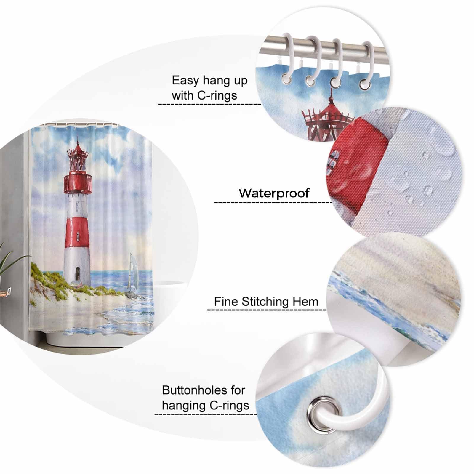 ZOE GARDEN Light-House Shower Curtain Set with Hook 60\"x72\",Washable Cloth Polyester Fabric Shower+Curtain,Waterproof Bath Curtains for Bathroom,Bathtubs Decor Accessories Summer Sea Ocean Nautical Sailboat