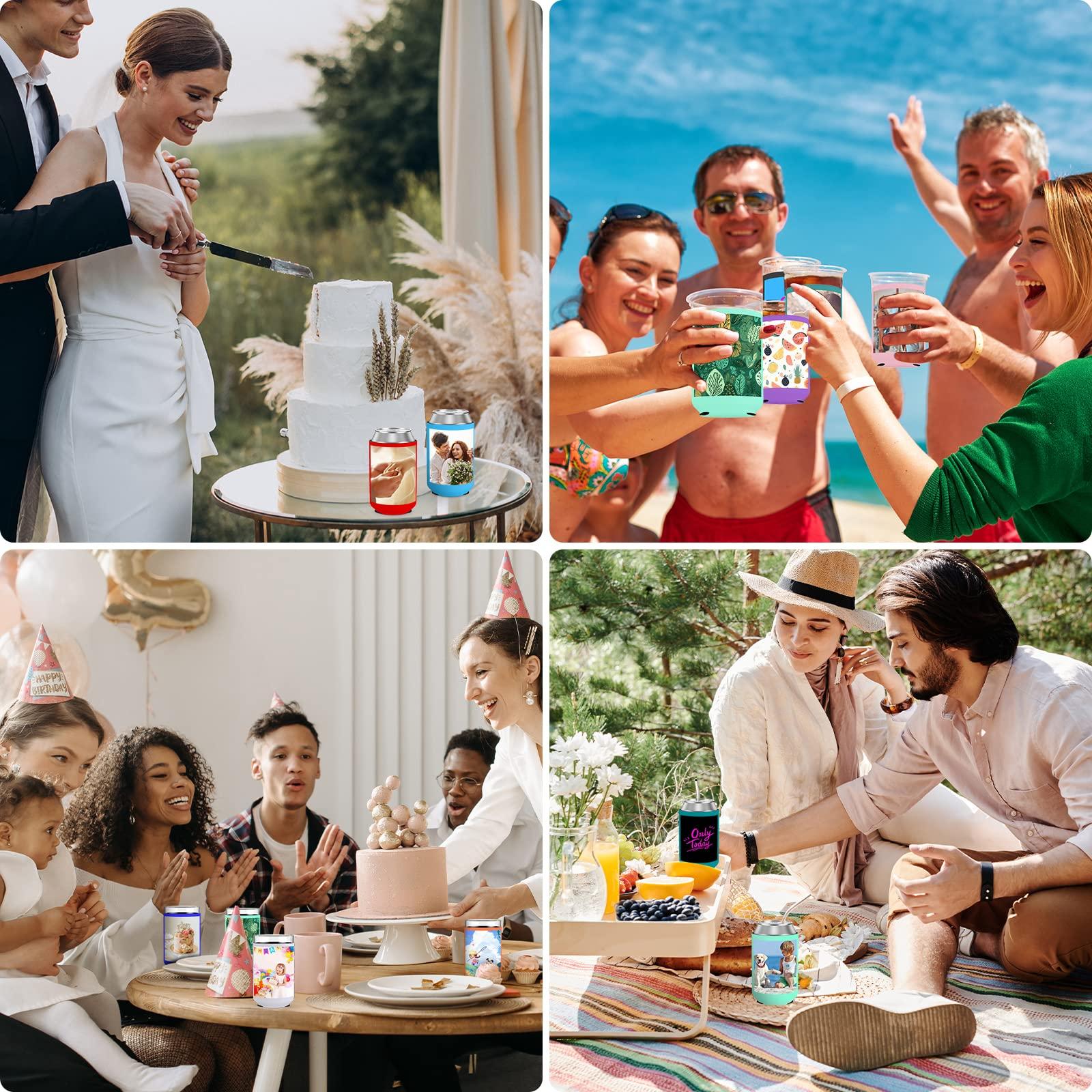 HooAMI Custom Can Cooler Sleeve Bulk 100pcs Neoprene Insulated Beer Can Sleeves for Soda, Beer & Water Bottles - Collapsible Can Coolers for Party Beverage DIY Customizable Weddings Gifts