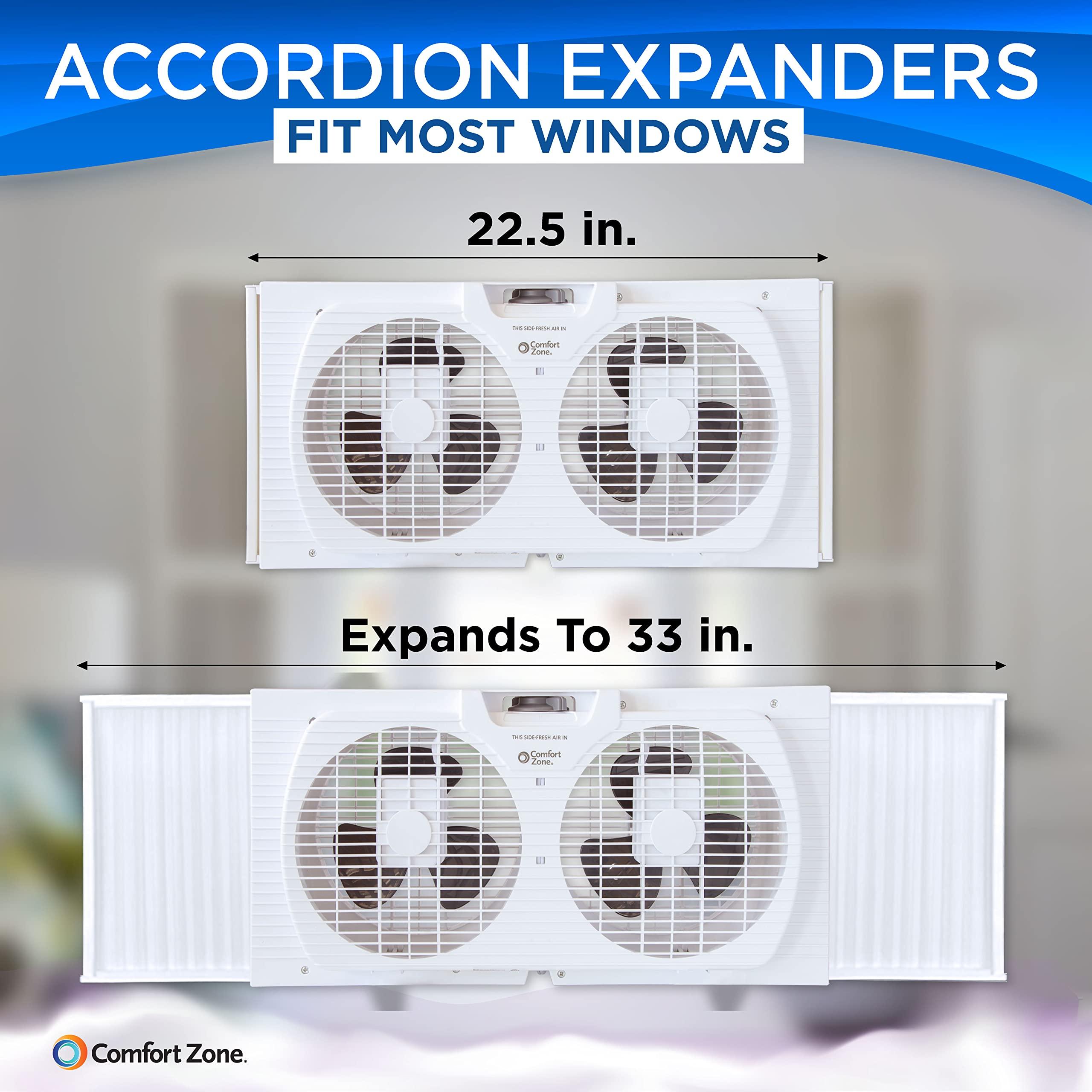 Comfort Zone Comfort Zone Twin Window Fan with Reversible Airflow Control, 9 inch, Auto-Locking Expanders, 2 Speed Fan, Dual Fan, Exhaust, Airflow 9.84 ft/sec, Ideal for Home, Kitchen, Bedroom & Office, CZ319WT