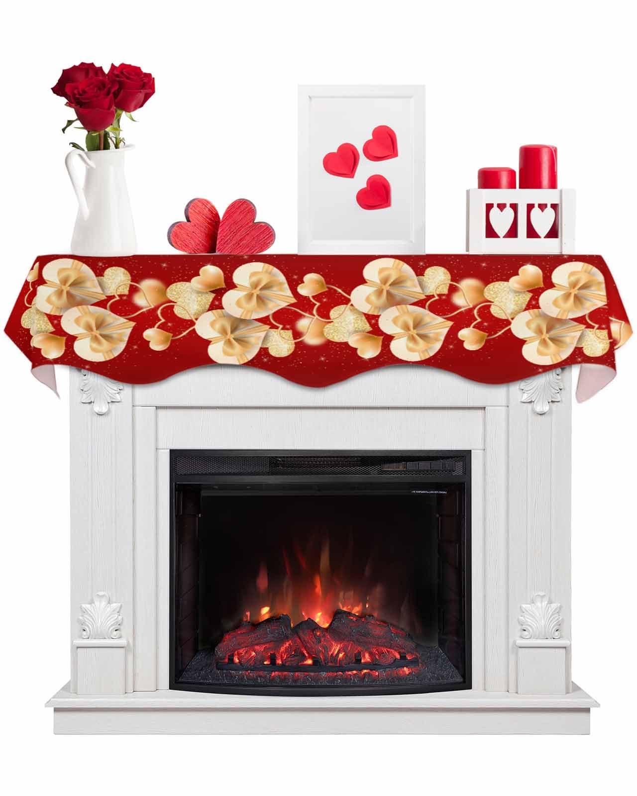 ALAGEO Mantel Scarf Gold Red Valentines Day Fireplace Mantel Scarf Cover Love Heart Bow Tie Fireplace Cloth Table Runner Decoration for Home Living Room Valentine\'s Day, Wedding, Anniversary 60 x 17 in