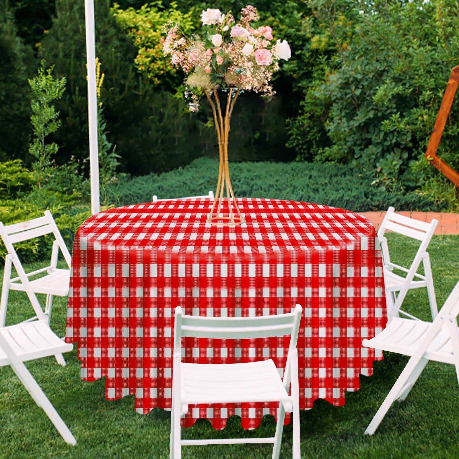 RINDOJIN RINDOJIN 3 Pack Red Gingham Tablecloth Round 84 x 84 Inch Round Plastic Checkered Table Cloth Disposable Plaid Table Cover for Picnic Party Birthday Wedding Baby Shower Christmas Circle Tablecloth