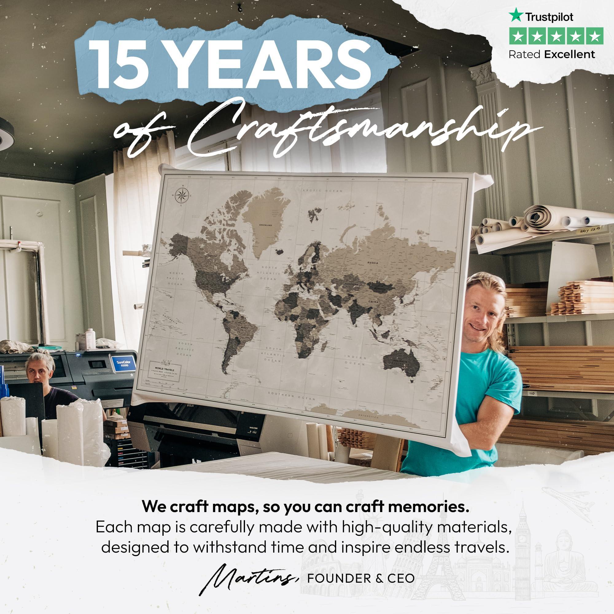 Pin Adventure map Push Pin World map with pins to mark travels - World Map pinboard - Gift for traveler & interior decor (40 x 30, Midnight Gold)