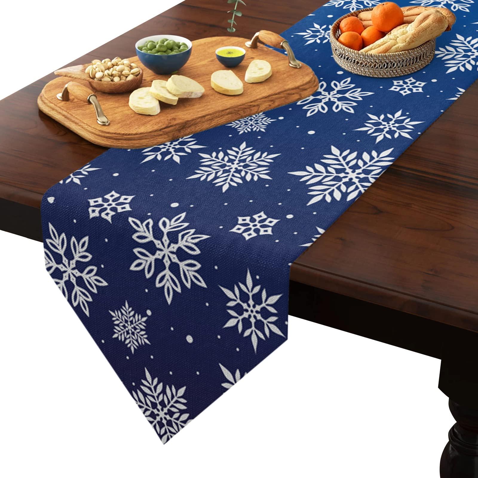 ZFUNCING Linen Table Runner-90Inch Long Christmas White Snowflake on Blue Washable Burlap Table Runners Winter Snowy Dining Dresser Scarfs for Kitchen Wedding Holiday Party Tables Decor