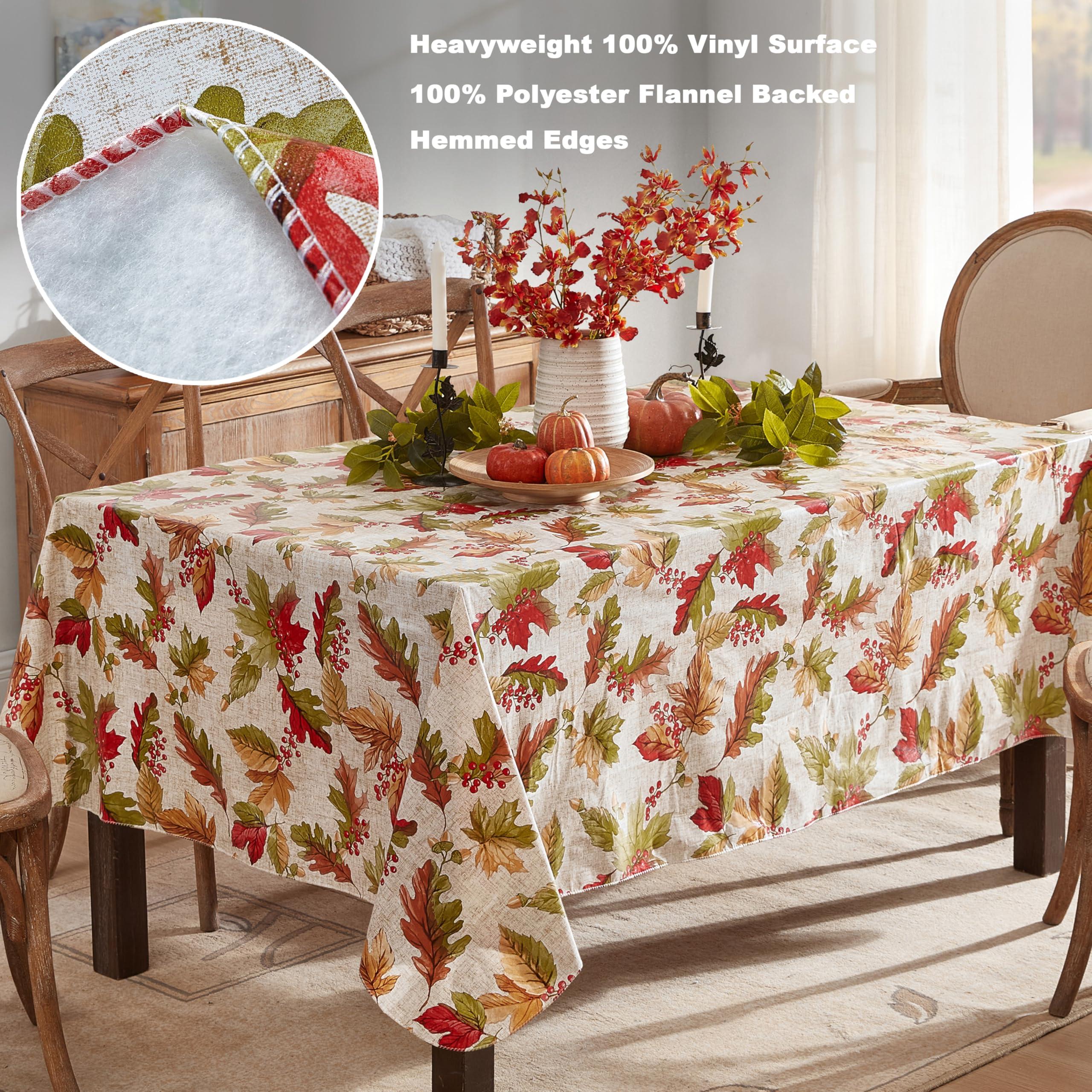 Newbridge Newbridge Rustic Fall Acorn and Leaf Print Autumn Vinyl Flannel Backed Tablecloth, Thanksgiving Autumn Leaves Kitchen Dining Room Vinyl Tablecloth with Flannel Backing, 52\" x 52\" Square