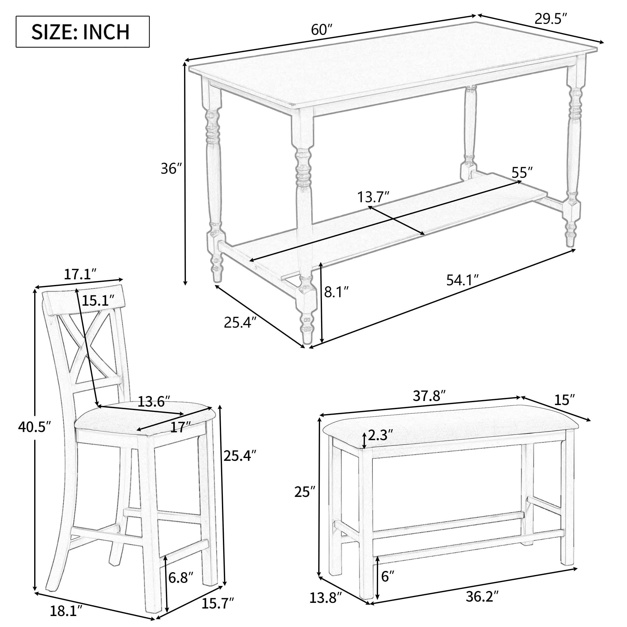 LZ LEISURE ZONE LZ LEISURE ZONE 6-Pieces Counter Height Dining Table Set, Dining Table and Chairs Set, Kitchen Table with Shelf 4 Chairs and Bench for Dining Room, Gray+Beige