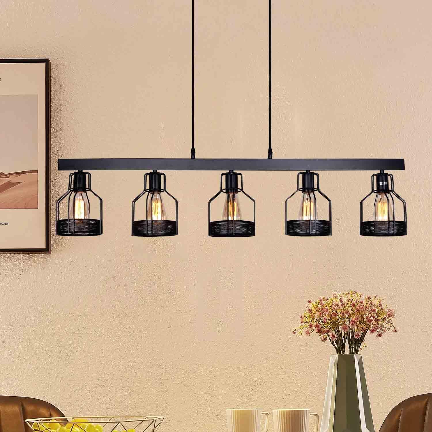UNITARY UNITARY Farmhouse Pendant Lights Kitchen Island, Kitchen Light Fixtures, Rustic Dining Room Light Fixture with 5 E26 Bulb Sockets, Black Metal Long Pool Table Lights, Ceiling Pendant Light Fixtures