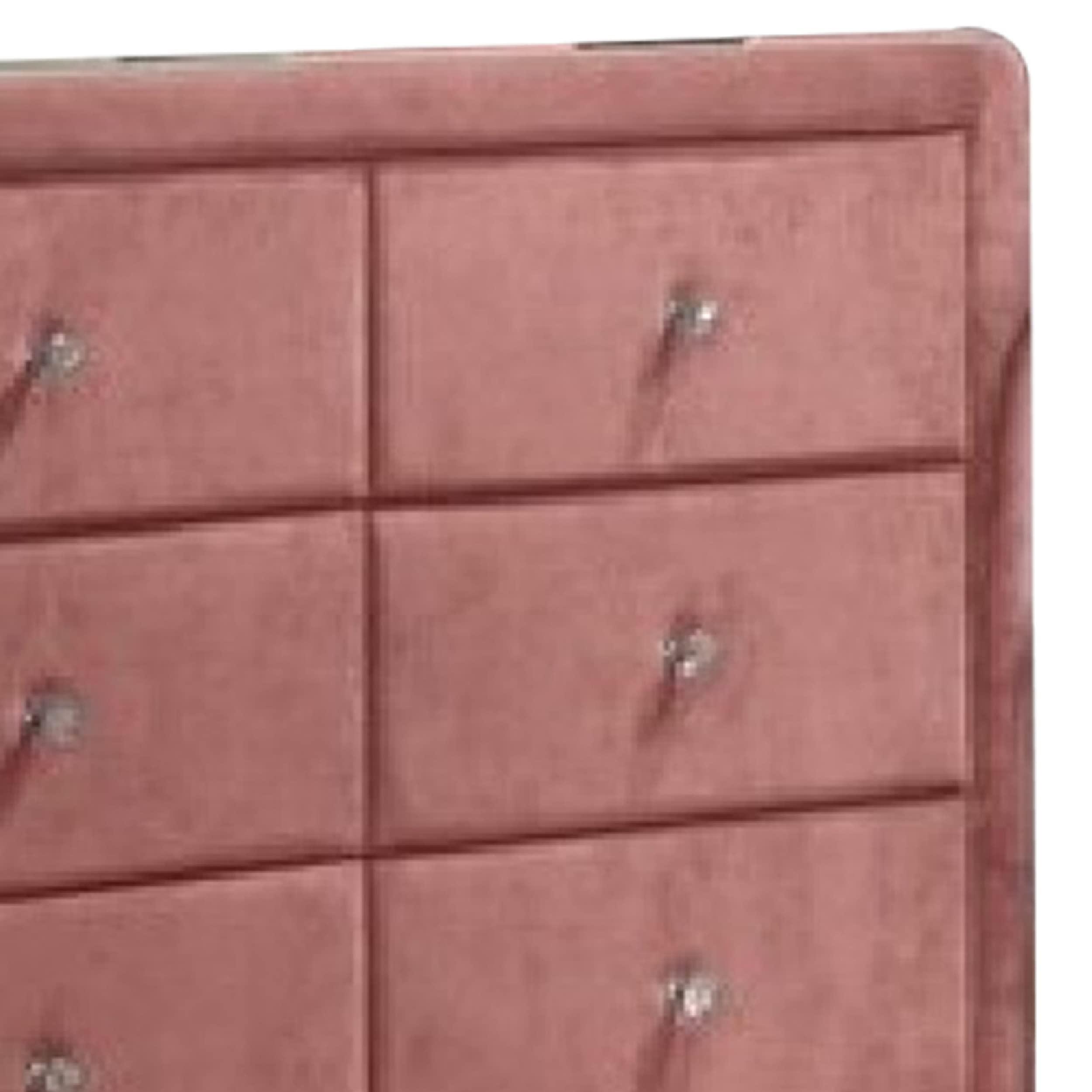 Benzara Benjara Sin 62 Inch Modern Side Dresser, 6 Drawers, Round Metal Knobs, Velvet, Pink