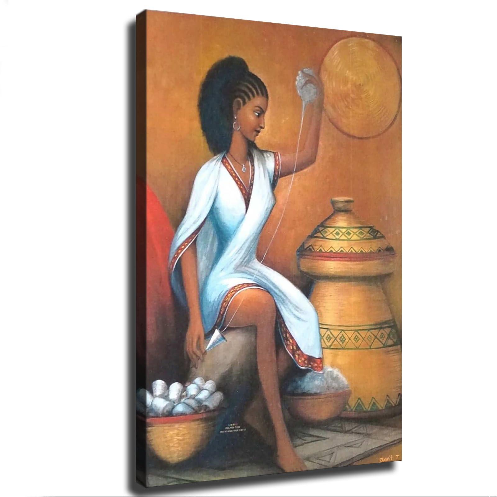 Hekdi Ethiopian Girls Work Poster Canvas Painting Print Modern Aesthetics Living Room Bedroom Home Office Wall Art Decoration (Framed,2436inch)