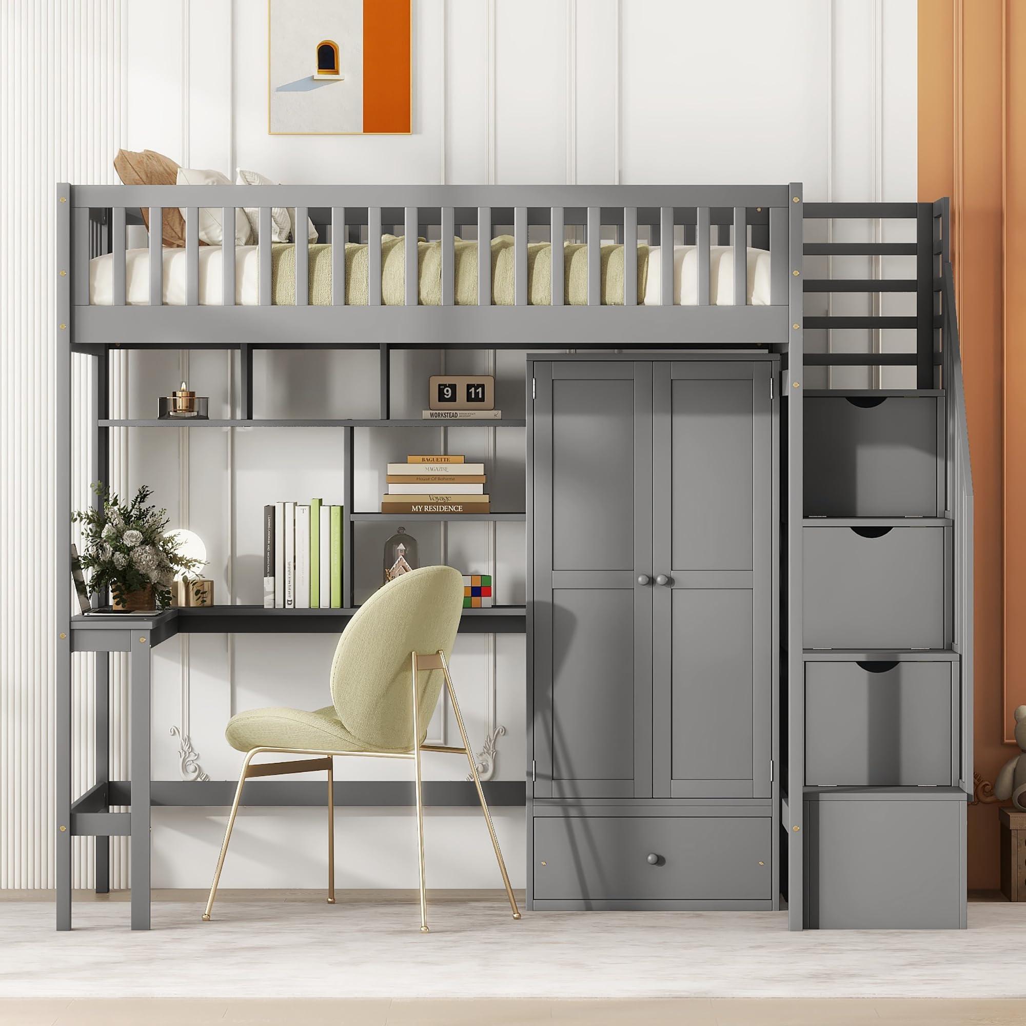 NicBex NicBex Loft Bed with Desk Loft Bed with Desk and Storage Queen Bed Frame with Storage Bunk Bed with Desk Underneath The Lower Level is a Wardrobe Suitable for Families with Many Children, Gray