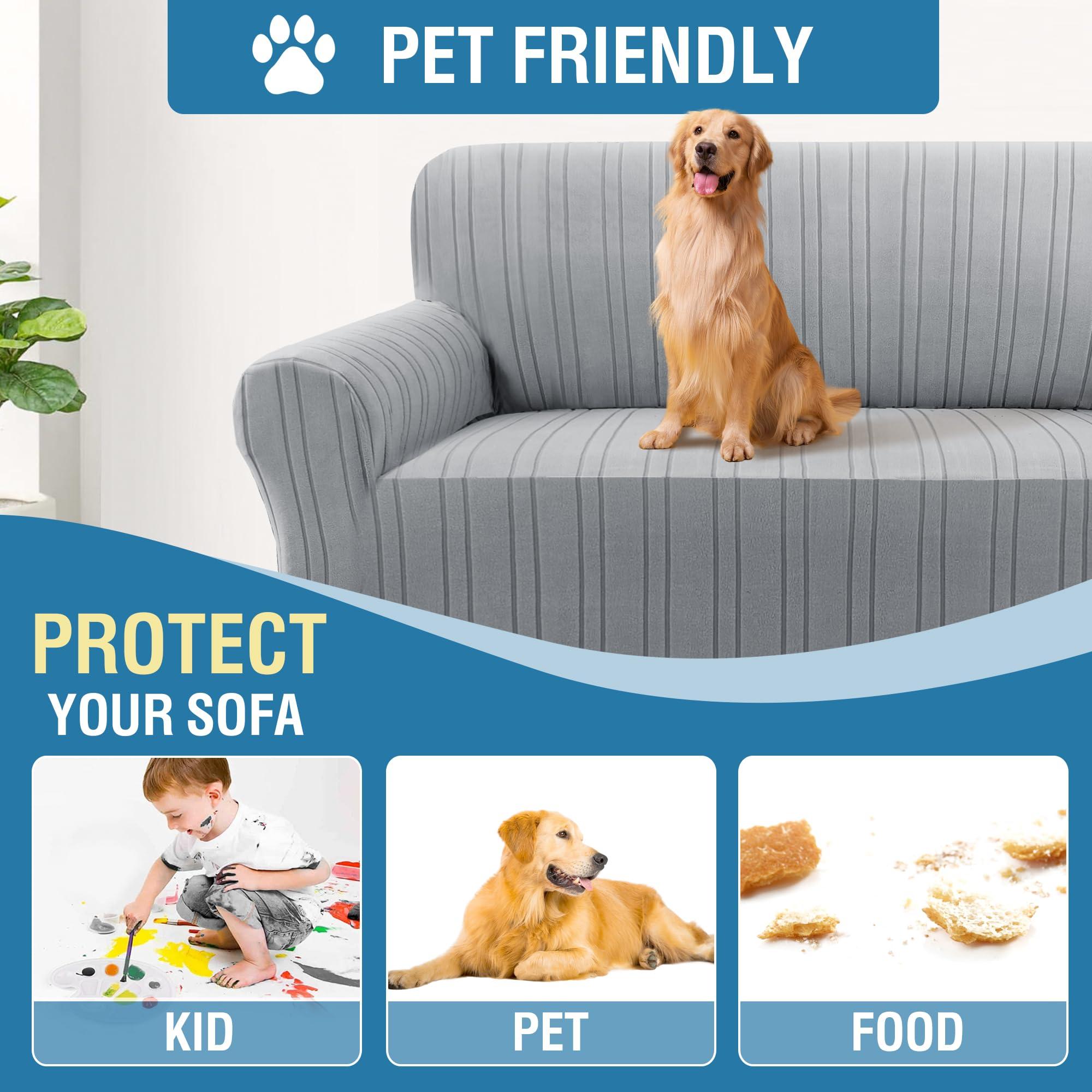 H.VERSAILTEX H.VERSAILTEX High Stretch Sofa Slipcover 1-Piece Couch Cover Non Slip Sofa Cover with Elastic Bottom Thick Soft Sofa Covers Washable Polyester Spandex Jacquard Fabric Stripe Design(Sofa, Dove)