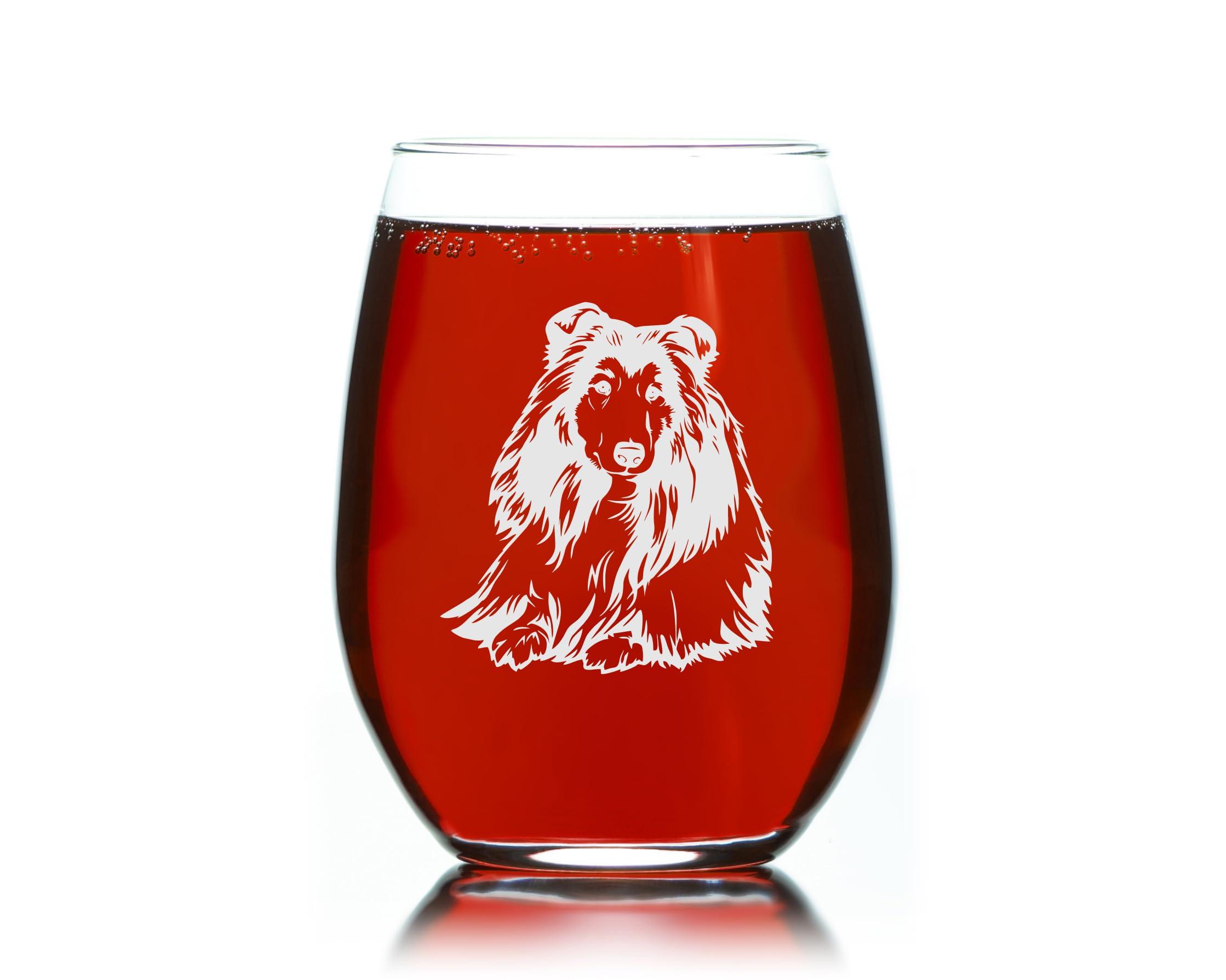 C & M Personal Gifts Shetland Sheepdog themed, dog stemless wine glass, 17 oz.