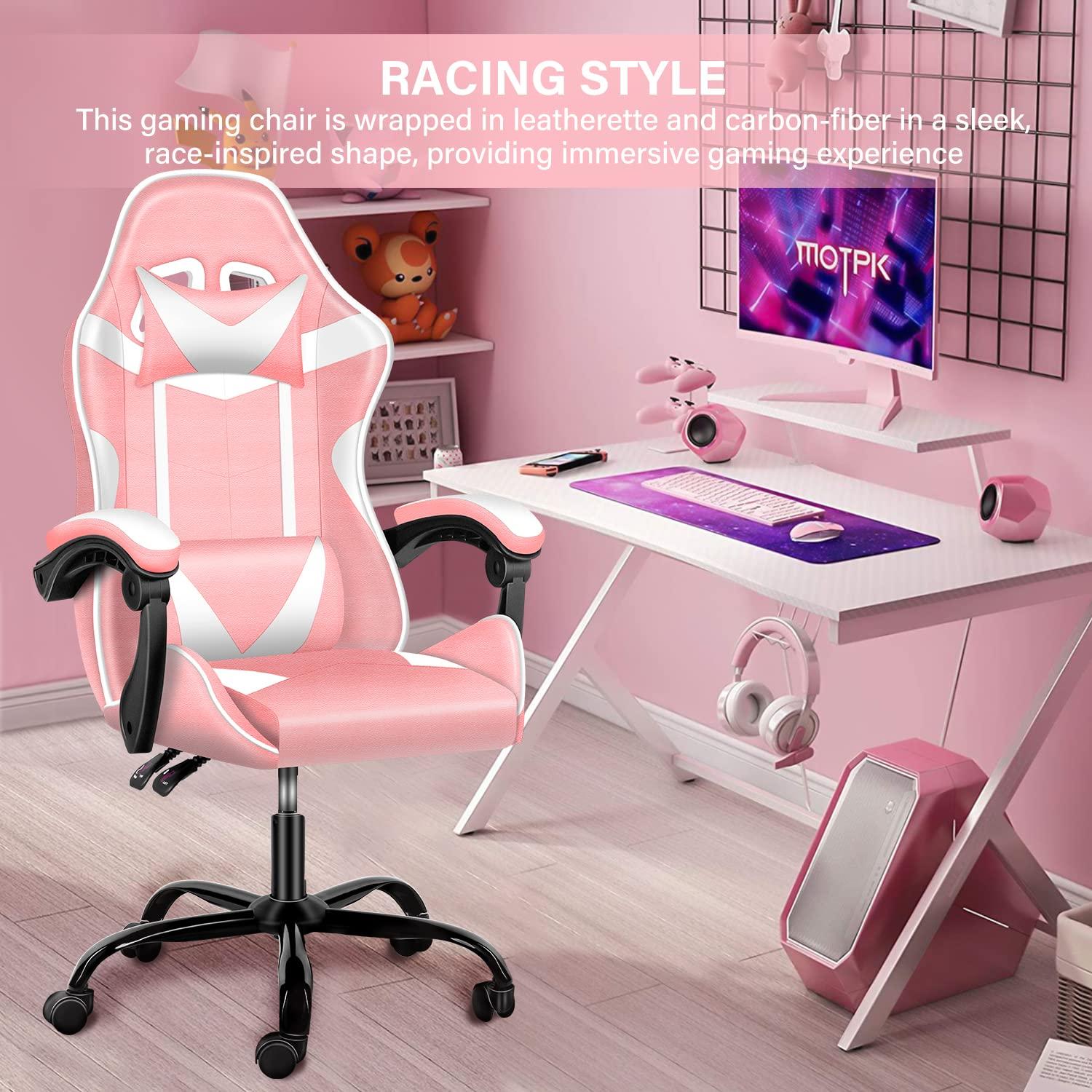 Simple Deluxe Pink Gaming Chair, Big and Tall Gamer Chair, Racing Style Adjustable Swivel Office Chair, Ergonomic Video Game Chairs with Headrest and Lumbar Support