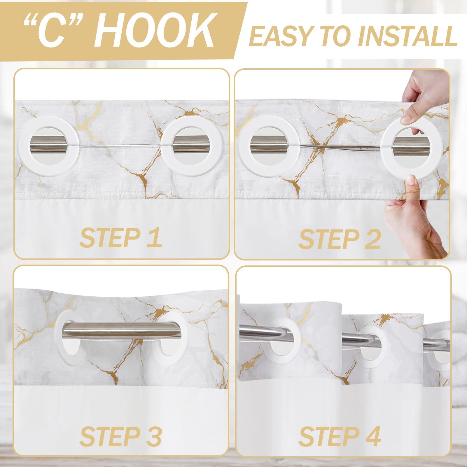 Lnond Lnond No Hook Shower Curtain with Snap in Liner, Marble Hookless Shower Curtain, White Gold Shower Curtain No Hooks,Machine Washable, 71\" (W) X 74\" (H)