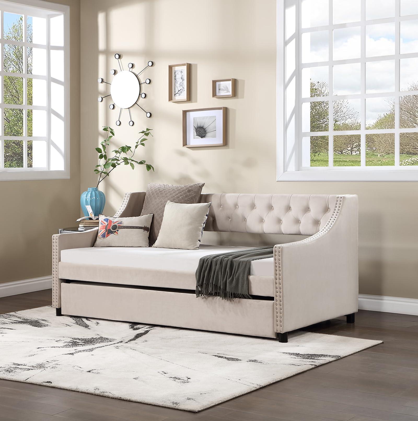 SCANORDIC SCANORDIC Daybed with Trundle, Modern Sofa Bed with Button and Copper Nail on Arms, No Box Spring Needed Perfect Furniture for Bedroom Living Room Guest Room,Beige