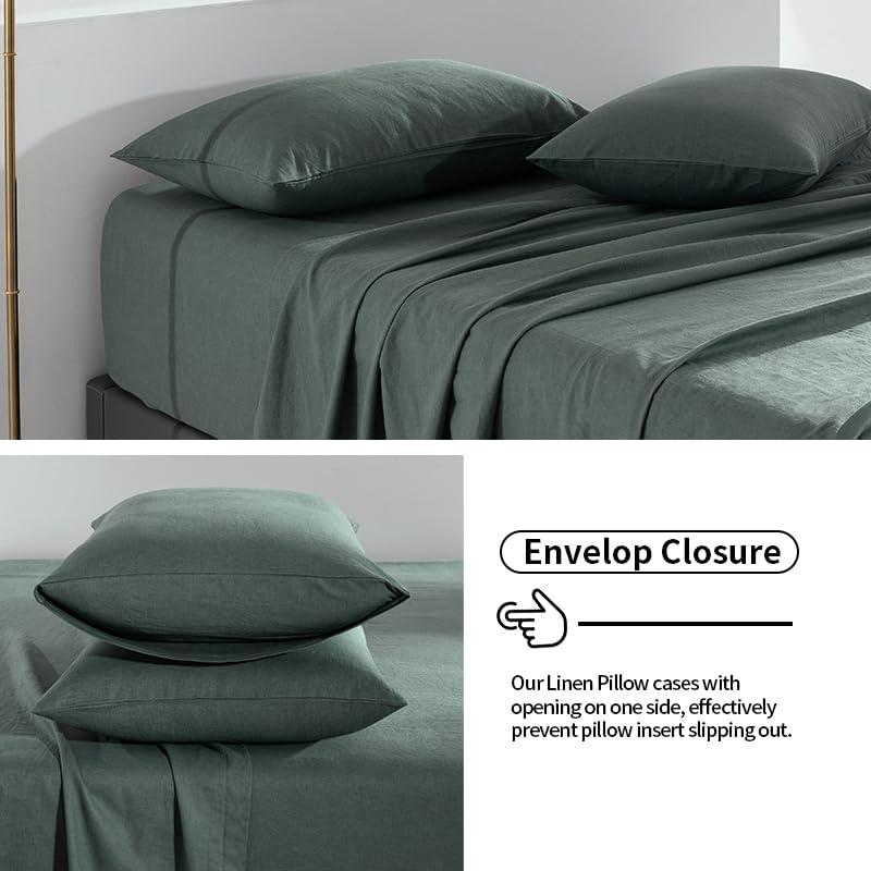 TUMEI TUMEI Bed Linen Set - 4Pcs Linen Sheets Set King, Green, Soft Breathable and Durable, Deep Pocket Fitted Sheet & Flat Sheet & 2 Pillowcases