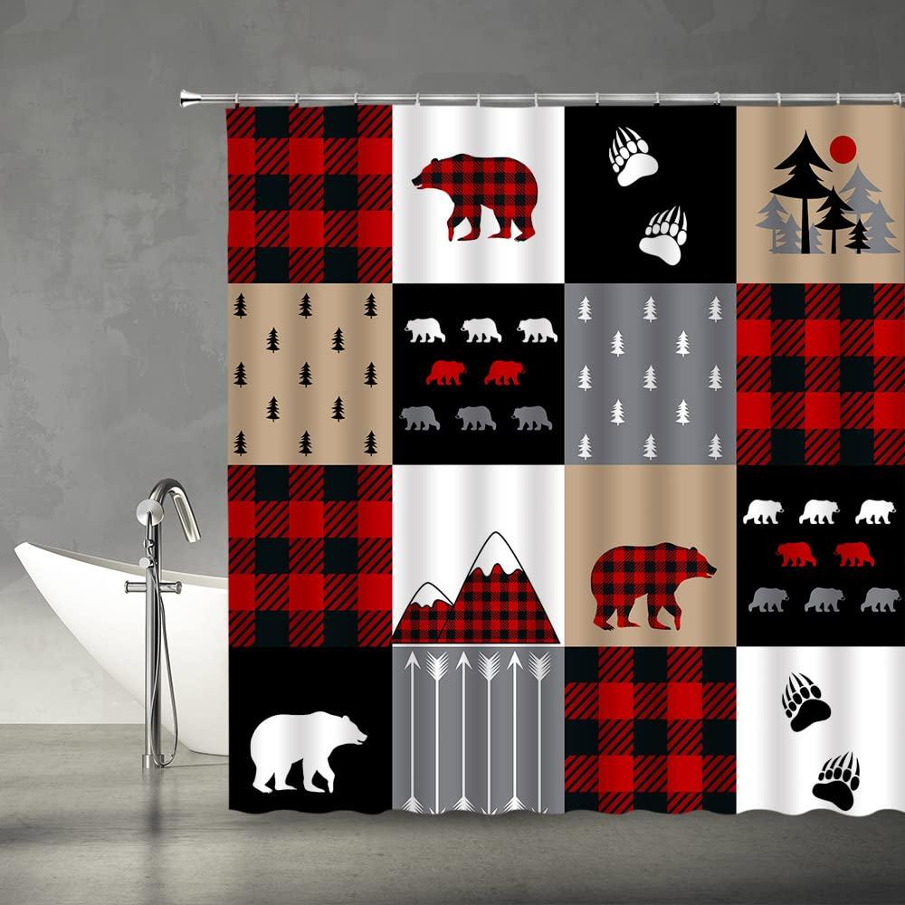 EDOMGNIH EDOMGNIH Rustic Bear Shower Curtain Red Black Buffalo Check Plaid Country Farmhouse Bear Hunting Forest Wild Animal Fabric Bathroom Decor Set with Hooks(67\" Wx70 H)