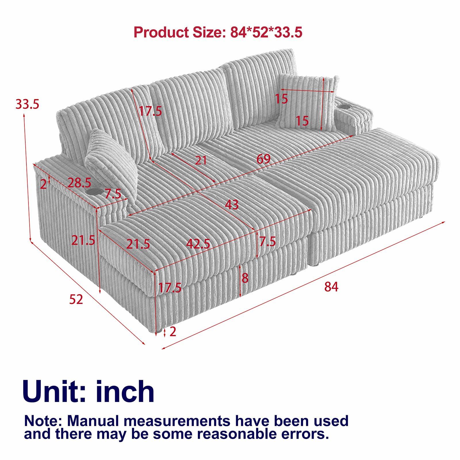 Antetek Oversized Chaise Longue Sofa Indoor with Cup Holders, Modern 86-inch Upholstered Corduroy Deep Seat 3 Seater Cloud Lounge Sofa with Ottoman & Storage Armrests for Living Room, Bedroom Apartment, Green
