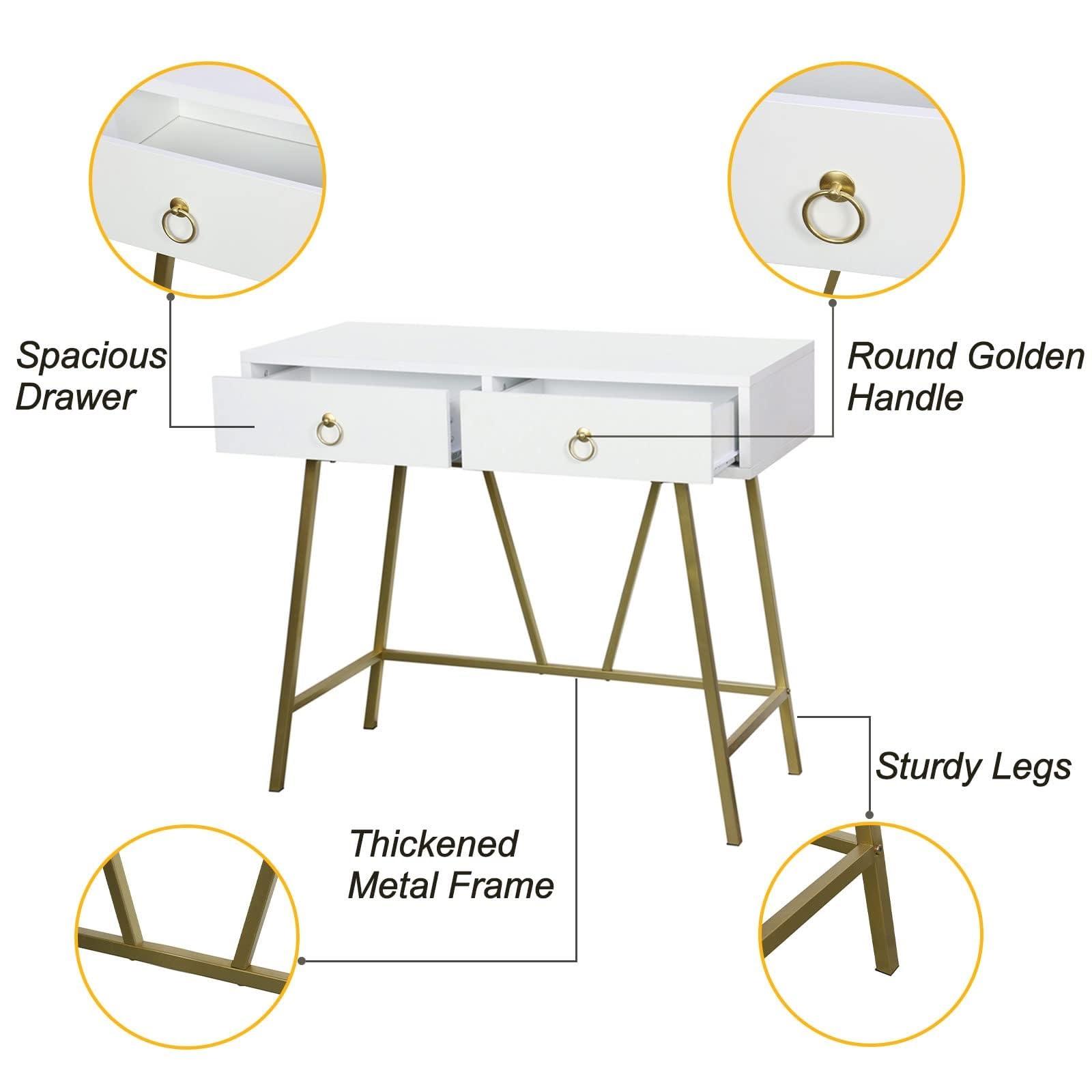 BOBONI BOBONI Simple Steel and Wood Office Desk Furniture, Makeup Desk, Computer Desk with 2 Drawers, White and Gold Tables