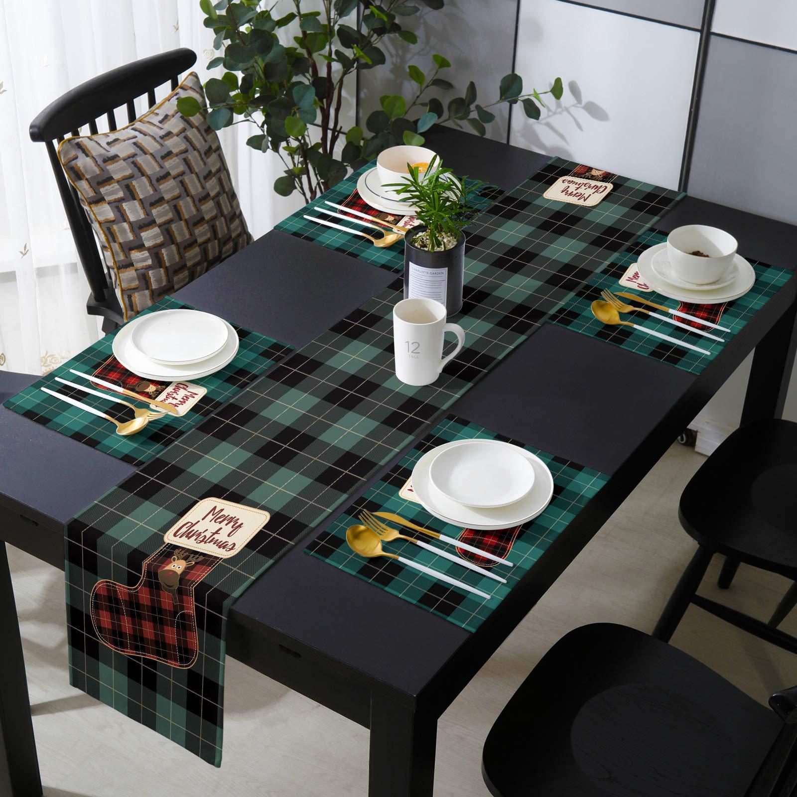 QueenKer Christmas Table Runner Placemats Set of 6 Xmas Reindeer Green Red Black Buffalo Plaid 90 Inches Long Table Place Mats for Holiday Kitchen Dining Wedding Farmhouse Party Home Decoration