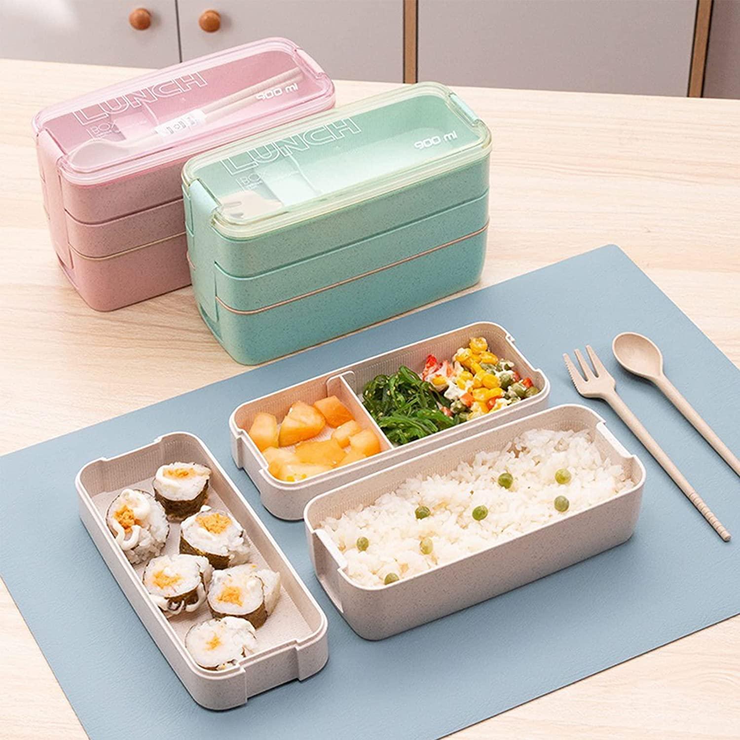 Rarapop Rarapop 2 Pack Stackable Bento Box Japanese Lunch Box Kit with Spoon & Fork, 3-In-1 Compartment Wheat Straw Meal Prep Containers for Kids & Adults (Pink/Beige)