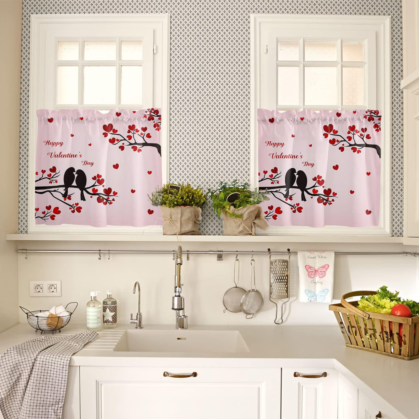 Wowouhiya Tier Curtains 24 Inch Length for Small Windows, Valentines Curtains & Drapes, Love Birds Red Love Heart Tree Pink Rod Pocket Window Curtains for Living Room/Bedroom/Bathroom, 27.5"x24", 2 Panels