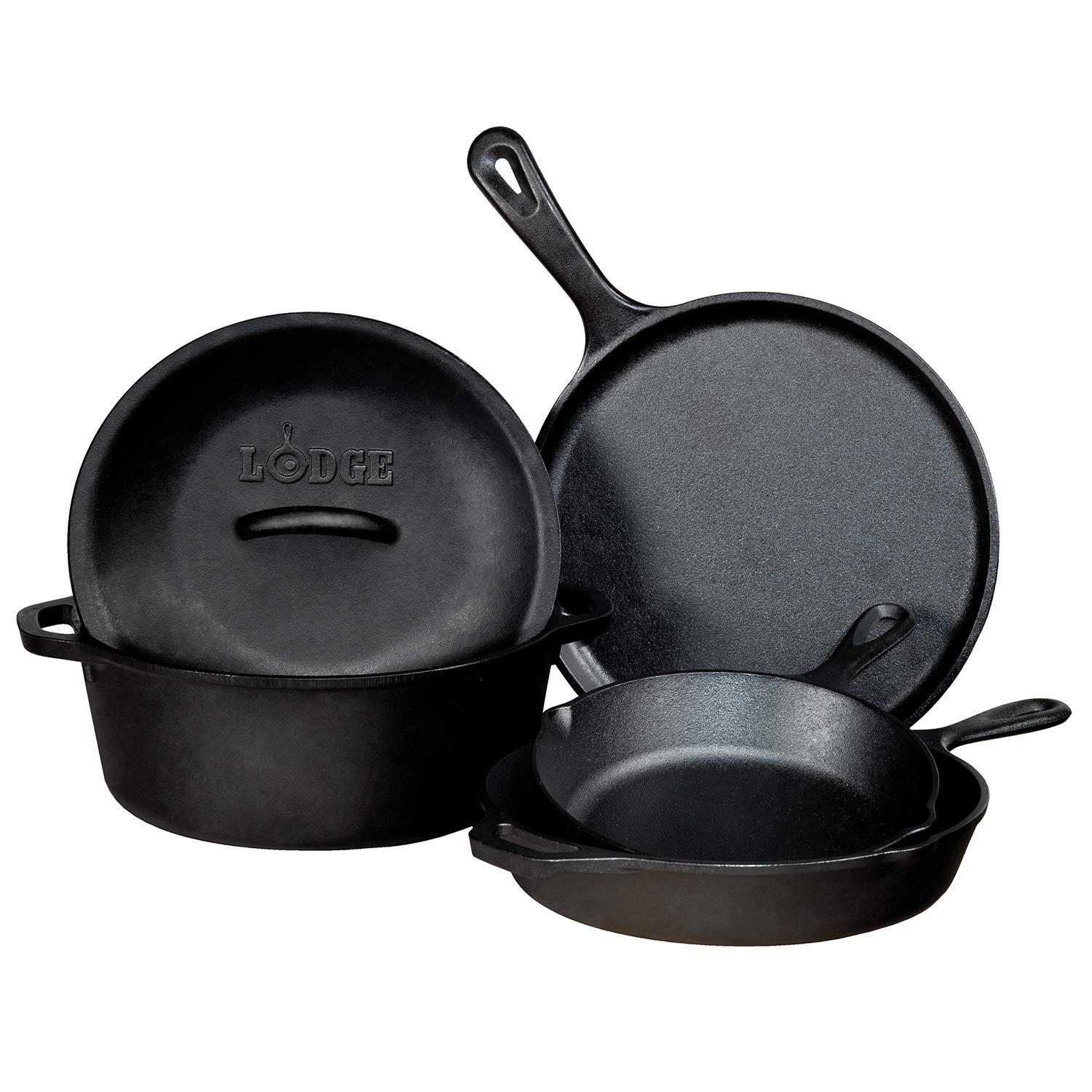 Lodge Lodge Seasoned Cast Iron 5 Piece Bundle with Silicone Handle Holder, Black