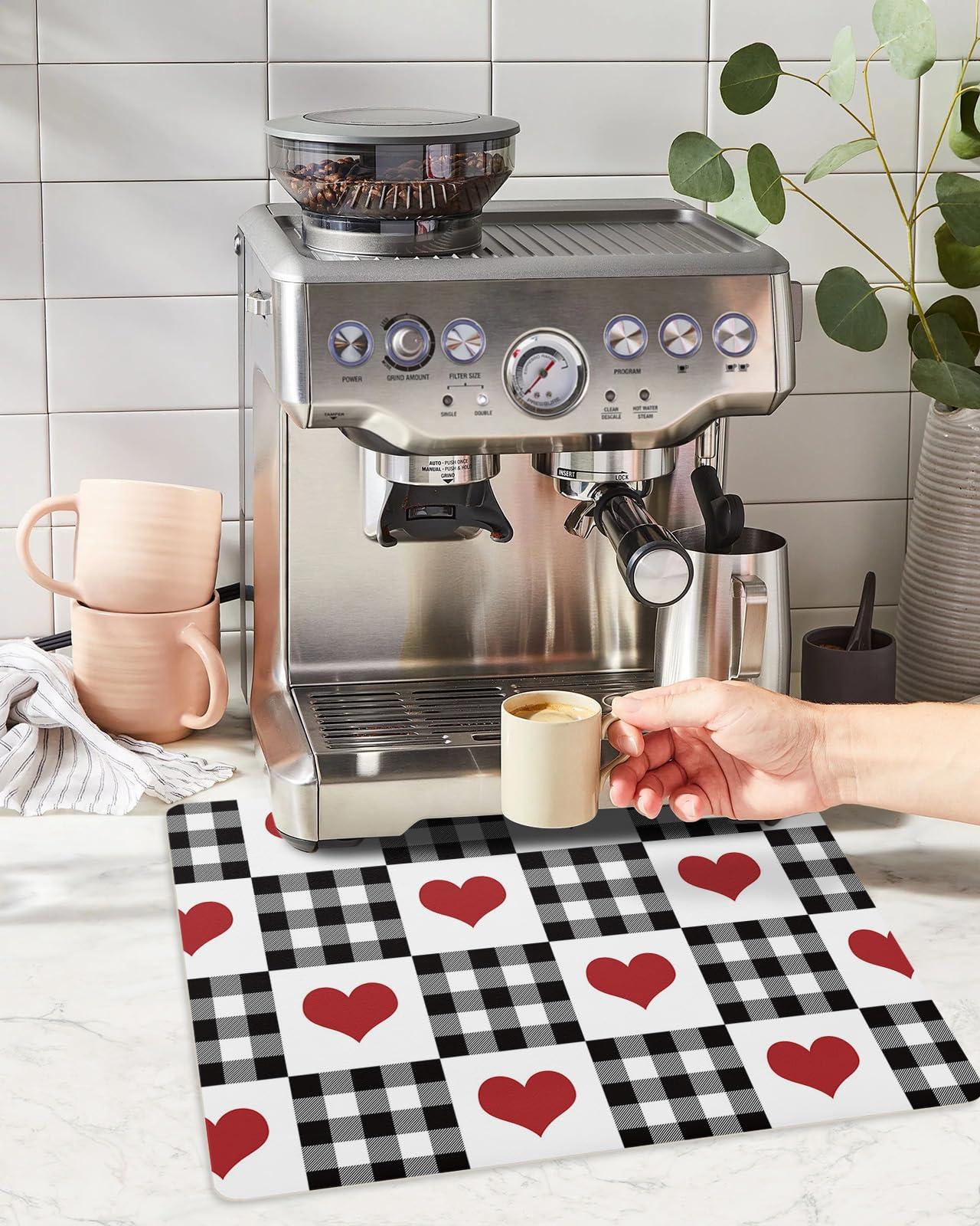 LaBLUUX Coffee Mat for Counter,Valentine\'s Day Red Heart Buffalo Plaid Black White Absorbent Hide Stain Coffee Bar Mat,Non-slip Coffee Bar Accessories Kitchen Drying Mat Fit Under Coffee Maker